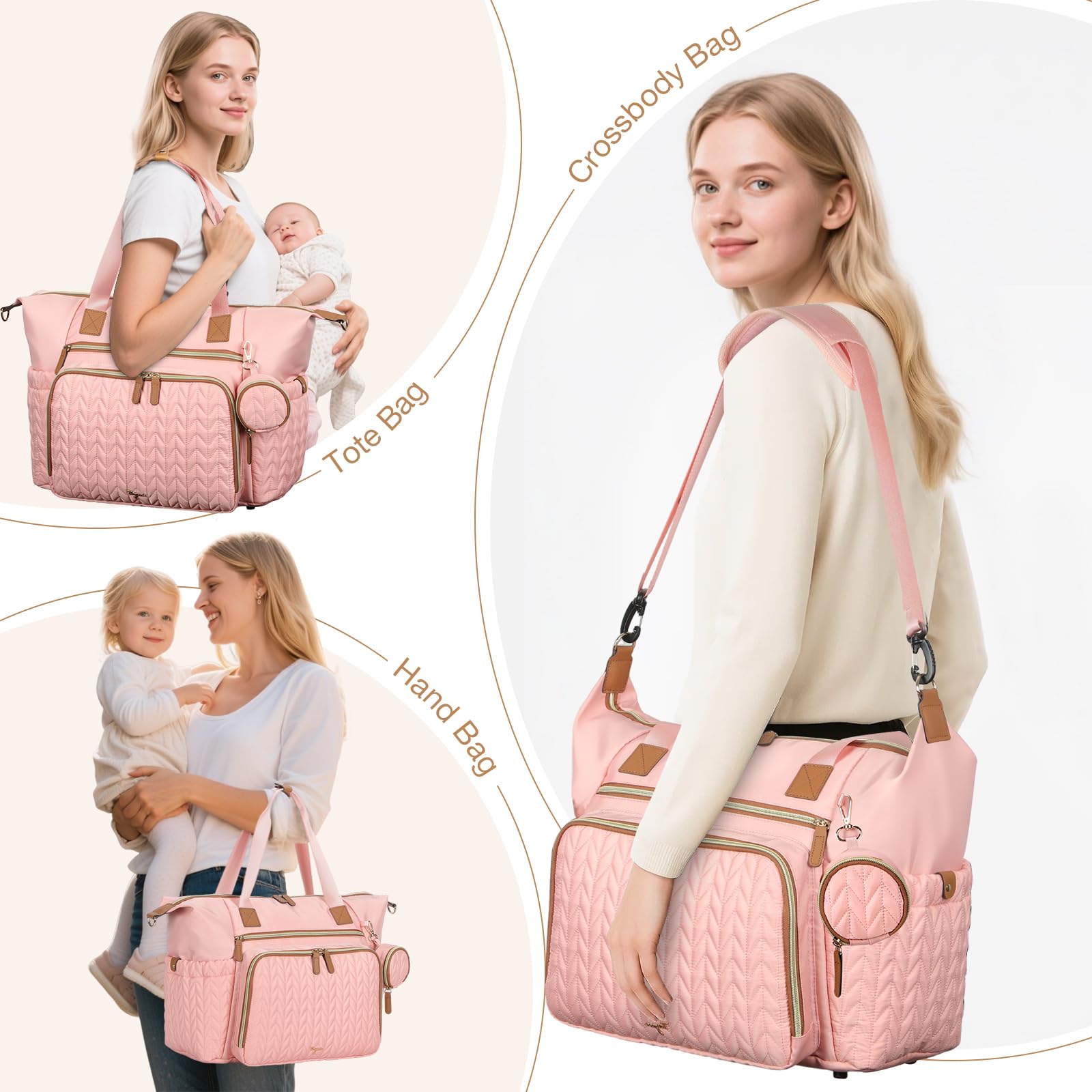 Ritzy, borsa per pannolini di lusso, borsa da viaggio per la mamma, leggera, elegante, con fasciatoio, per mamma, rosa