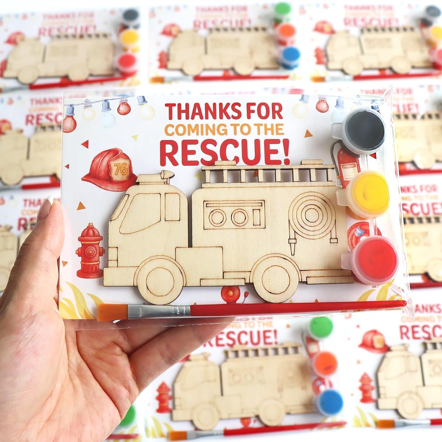 12 Pack Fire Truck Birthday Party Favors, Individually Wrapped Firefighter Craft Kits for Kids, Paint Your Own Wooden Magnet Kits with Paints, Brush & Thank You Card