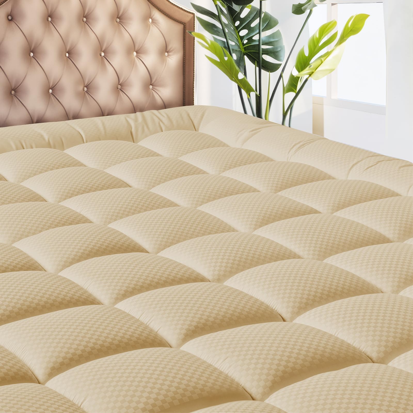 MATBEBY Queen Size Mattress Pad - Cooling Breathable Mattress Topper, Quilted Fitted Mattress Protector, Pillow Top Mattress Cover with 8-21" Deep Pocket, Soft, Machine Washable, Beige, 60x80 Inches