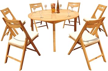 6 Seater Grade-A Teak Wood 7 Pc Dining Set: 52 Round Table and 6 Surfliner Folding Reclining Arm Chairs #31SL1107