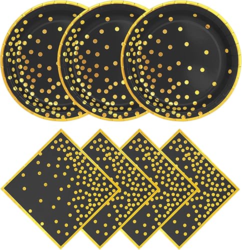 Platos y servilletas de papel de oro negro, 25 platos de postre de papel de puntos dorados de 7 pulgadas y 25 servilletas de 6.5 pulgadas,