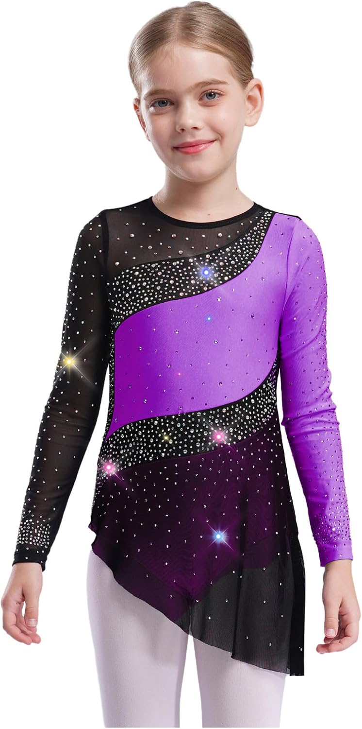 Agoky Kids Girls Figure Skating Dress Long Sleeve Shiny Ballet Gymnastics Leotard with Skirt for Competition