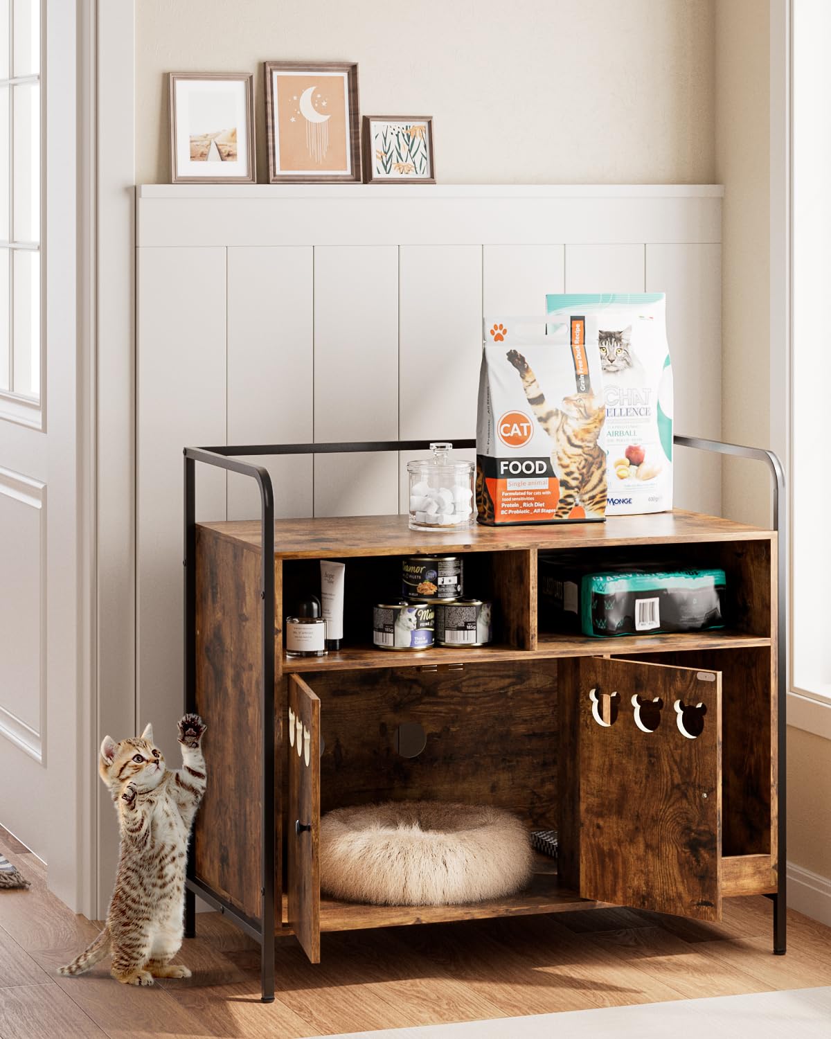 Apetaccat Cat Litter Box Enclosure with Shelves, Litter Box Furniture Hidden with Scratching Mat,Hidden Cat House for Indoor,Fit Most Cats and LitterBox(Rustic Brown)