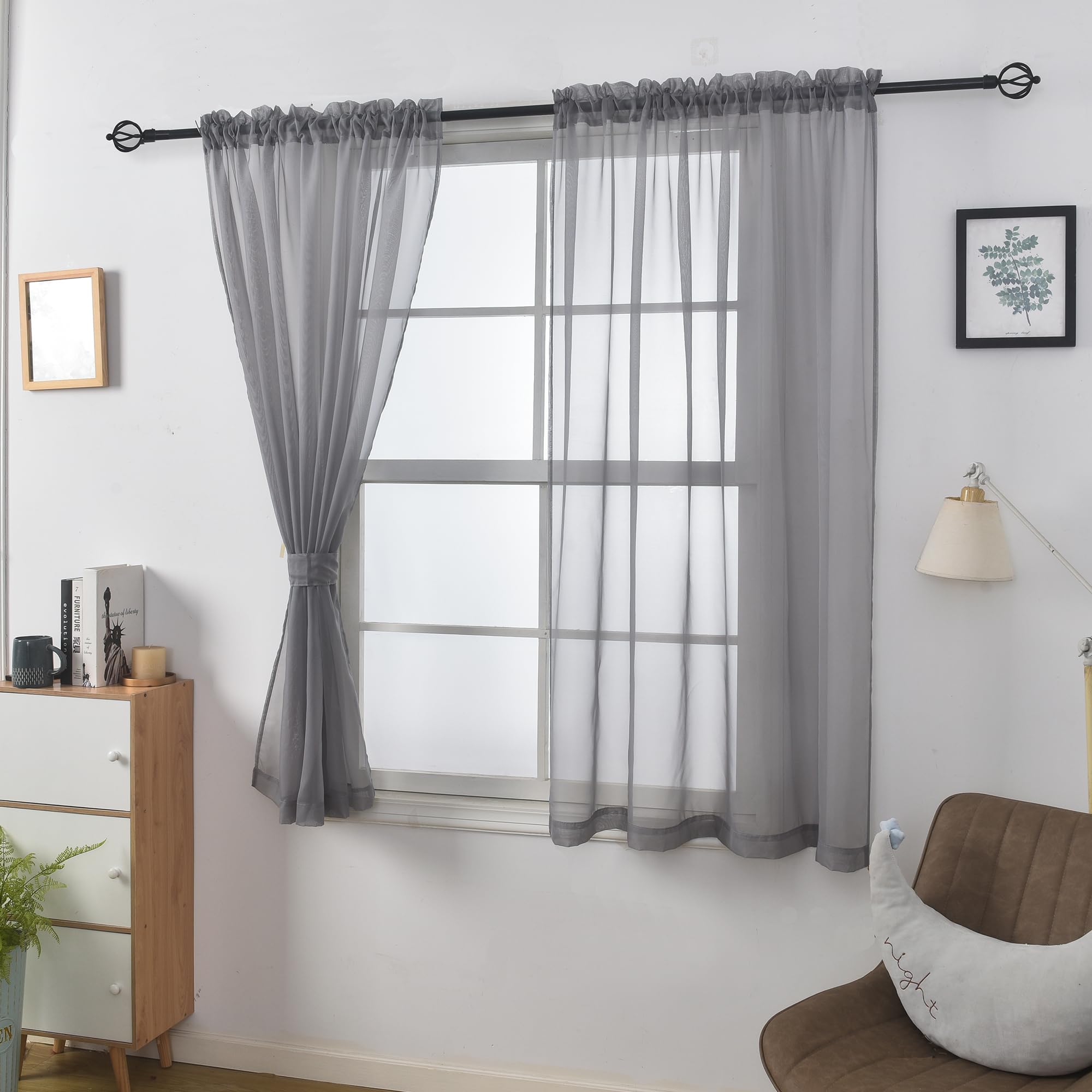 Aquazolax Small Grey Curtains for Bedroom Pair of 54x63 inch Net Door Window Coverings Sheer Window Panel Drapes for Privacy with Tieback 137x160cm - Image 2