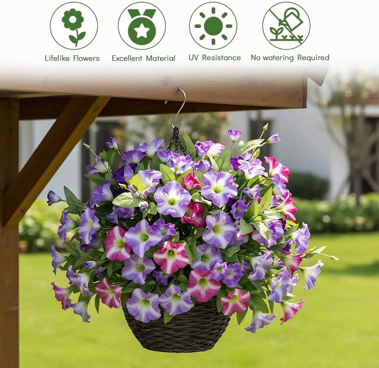 Artificial Flowers Plants for Outdoor, 2 Pcs Faux UV Resistant No Fade Floral for Home, Fake Petunias Flowers for Outside Porch Window Patio Garden Indoor Decor (Purple Red) - Image 4