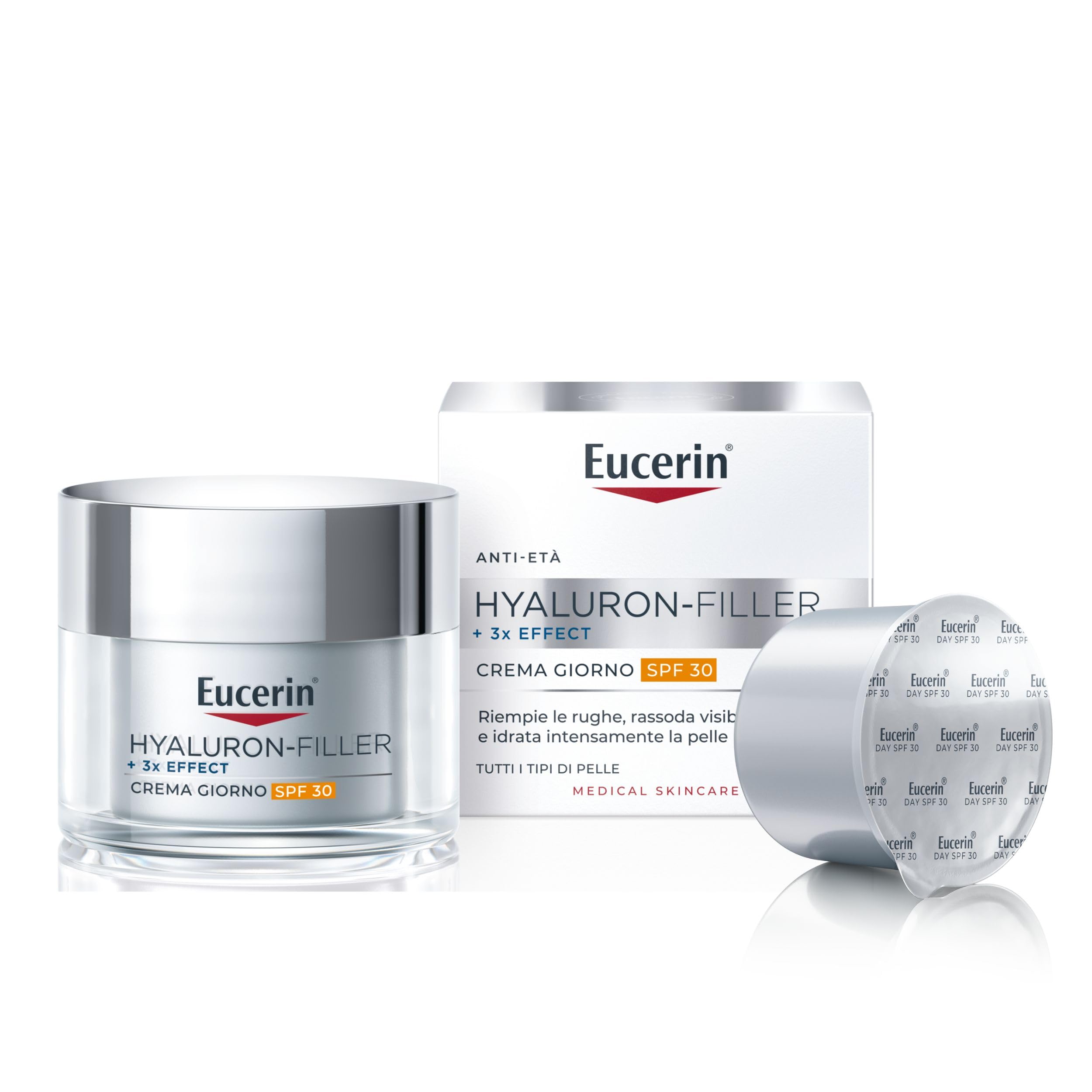 Eucerin Skincare Kit con Hyaluron-Filler Crema Giorno SPF 30 50 ml + Refill 50 ml, Crema viso antirughe e idratante e ricarica ecologica, Con Acido Ialuronico, Per tutti i tipi di pelle