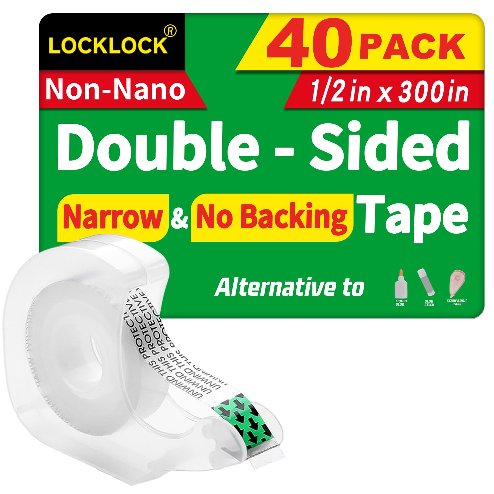 LOCKLOCK Cinta de doble cara con dispensador, 1/2 x 350 pulgadas, paquete de 40, sin forro, sin ensuciar
