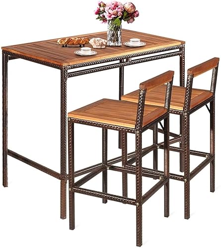 HAPPYGRILL Juego de 3 barras de mimbre para exteriores, juego de muebles de comedor de madera de acacia con 2 sillas para piscina, patio trasero,