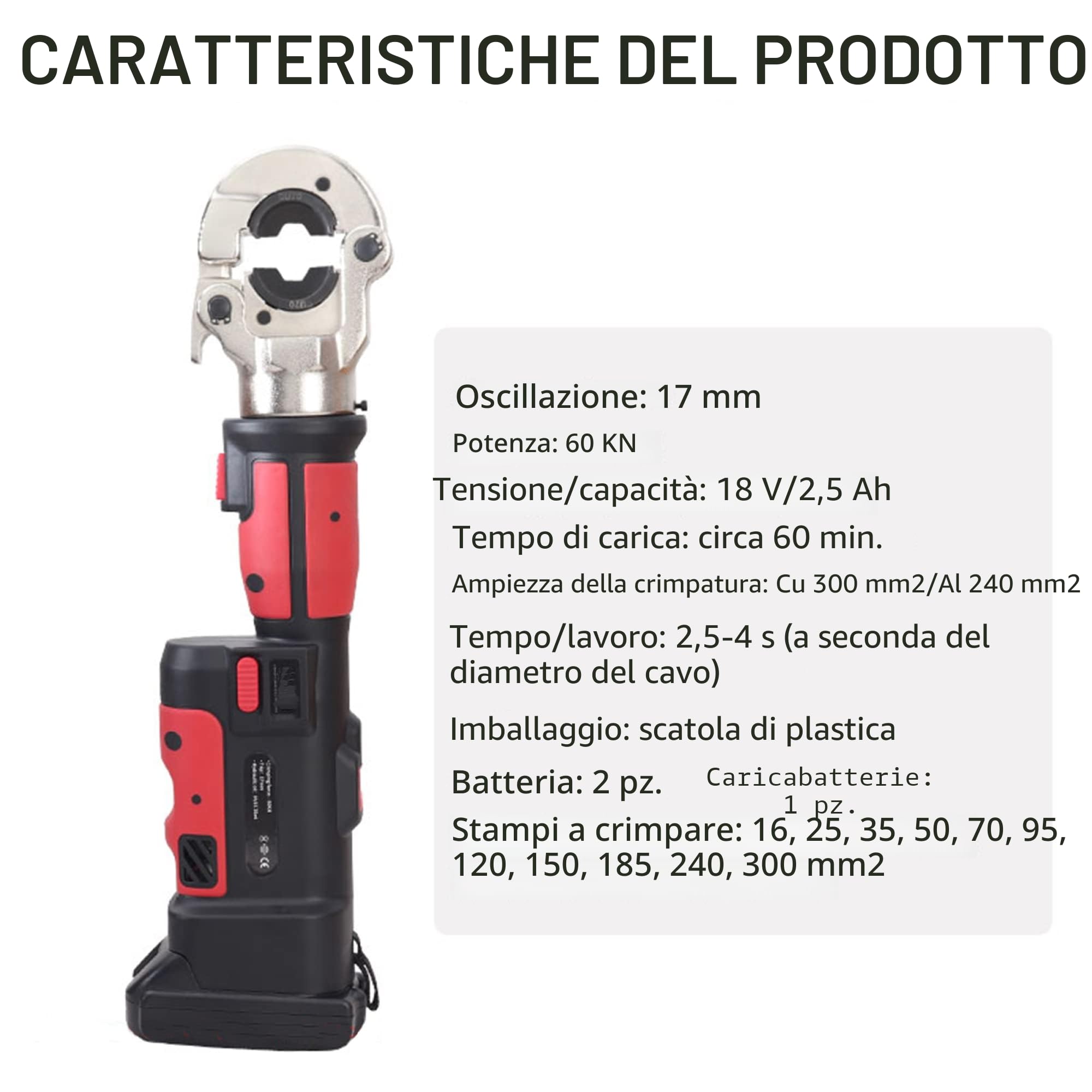 Pinza a crimpare idraulica elettrica, pinza per capicorda ad alte prestazioni Kit di attrezzi per cavi per cavi terminali elettrici Gamma 16-300 mm²