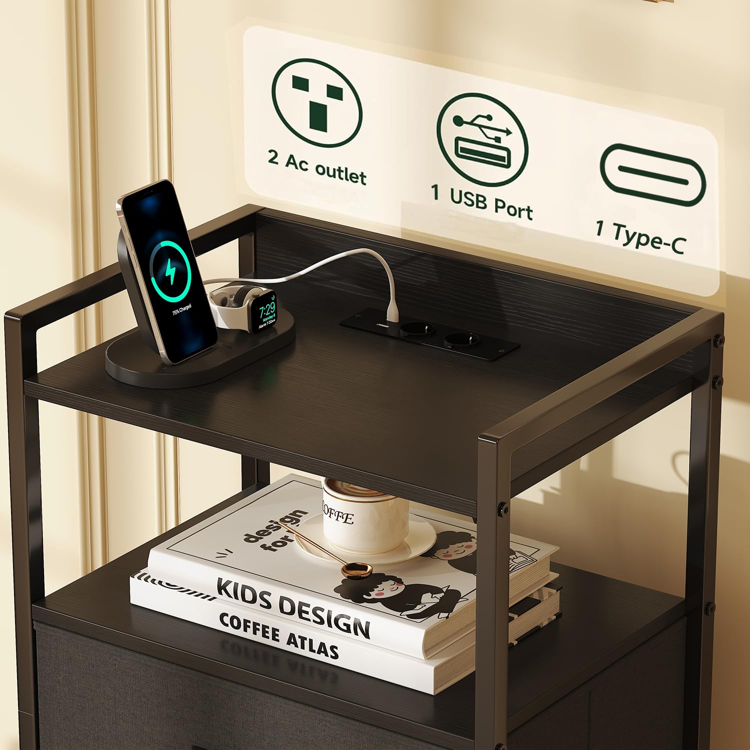 CAIYUN Nachttisch mit Ladestation, hohe Schwarze Kommode für das Schlafzimmer, Nachttisch mit LED-Beleuchtung, Beistelltisch für das Wohnzimmer, Stoff-Aufbewahrungsschublade, Metallgestell, Holzmöbel
