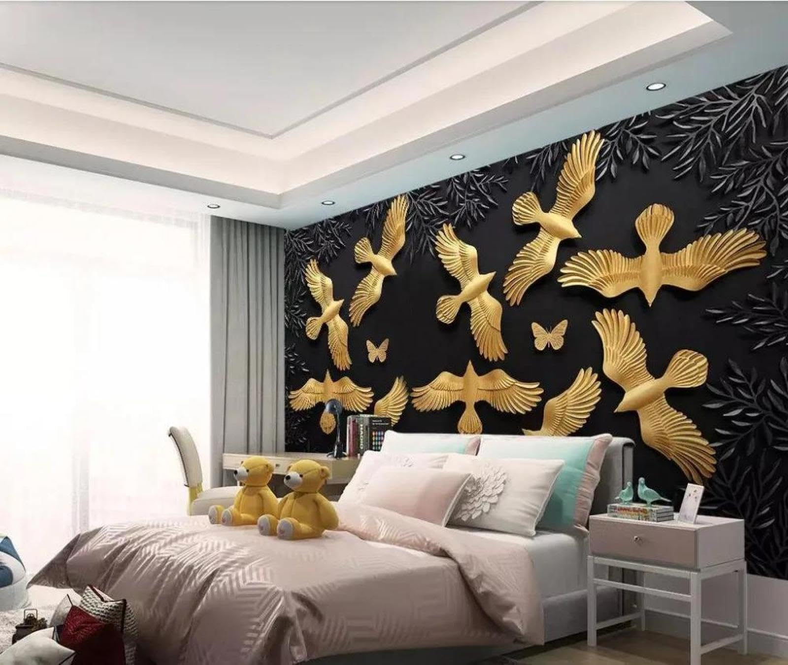 Papier peint 3d oiseaux dorés créez un salon chaleureux avec le revêtement mural ILIYA
