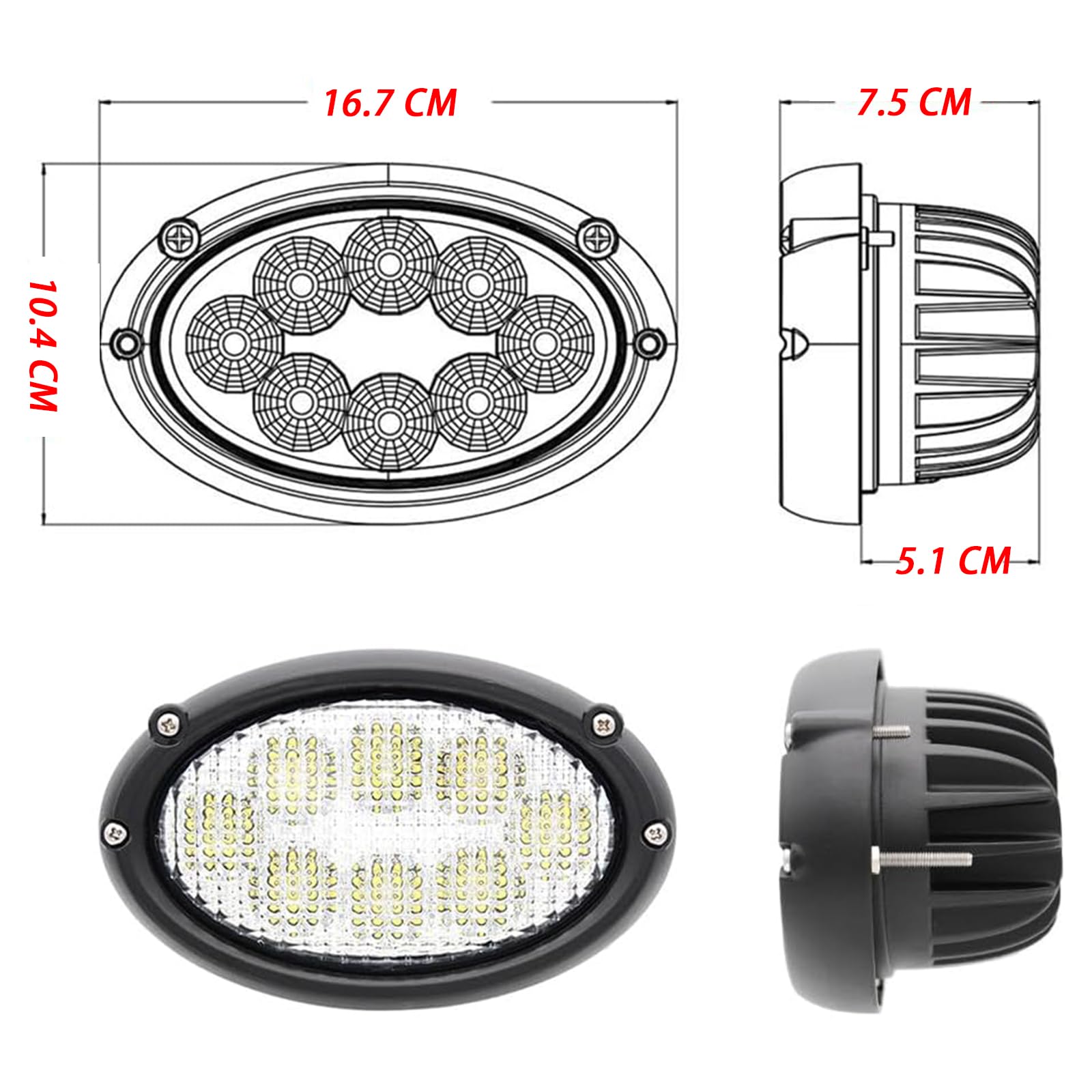 40 Vatios Faros Led Ovalados Tractor 12V 24V 3200lm Con Conector Compatible con Massey Ferguson Fendt Challenger