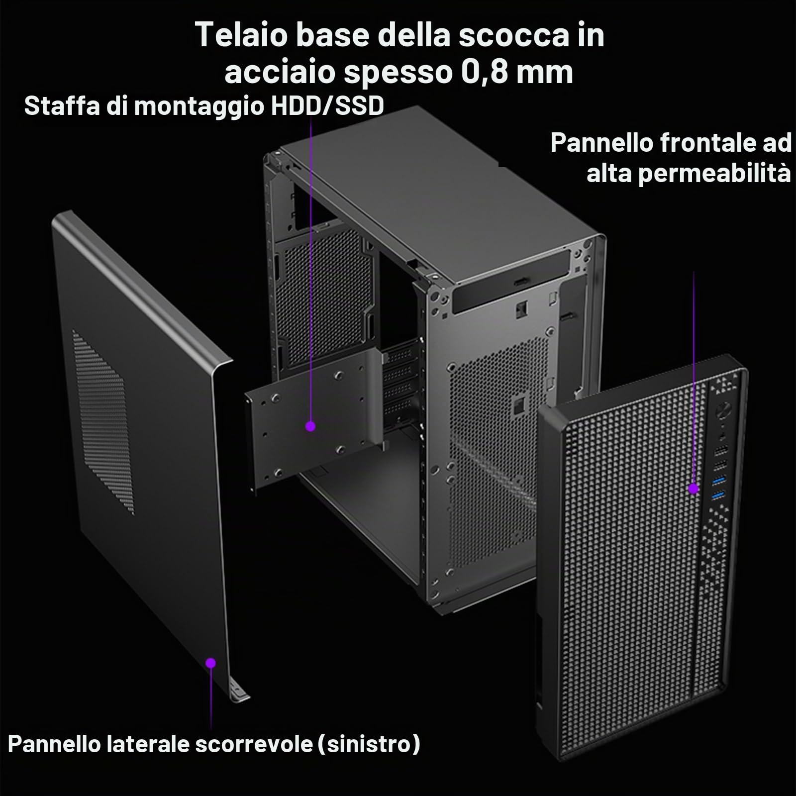 Micro-ATX Custodia PC Mini Tower SPCC 0,8mm senza ventola Custodia compatta MATX/Mini-ITX per casa/ufficio raffreddabile Supporto HDD/SSD PC case