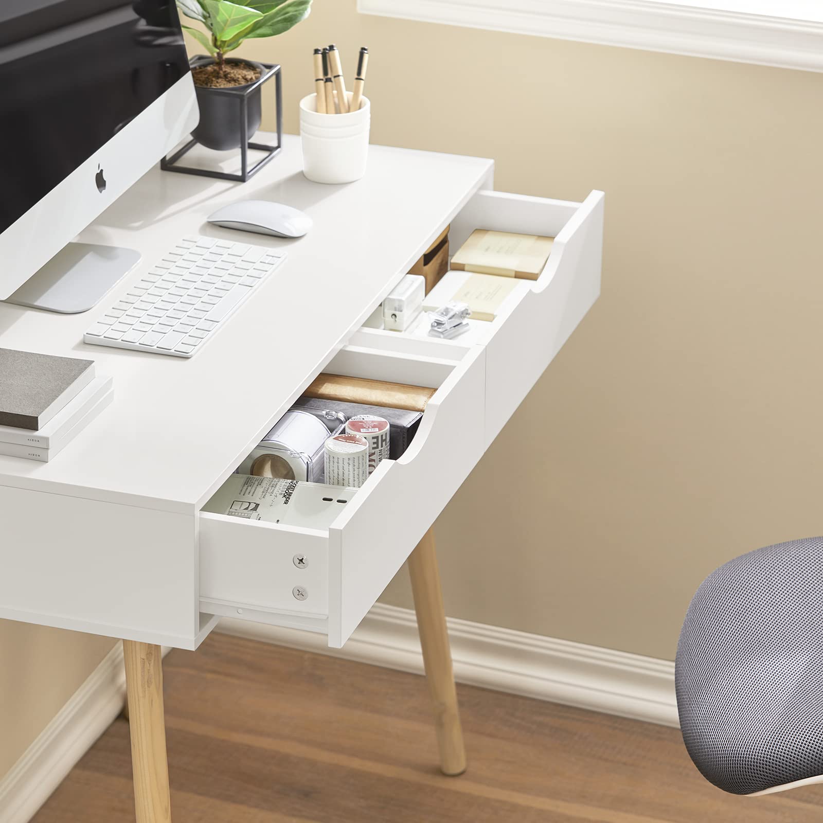 SoBuy Scrivania con 2 cassetti, Gambe in Legno di Pino, Scrivania Ufficio Compatta, Tavolo da Lavoro per Studio Cameretta e Camera da Letto, L90*P45*A77cm, FWT40-WN