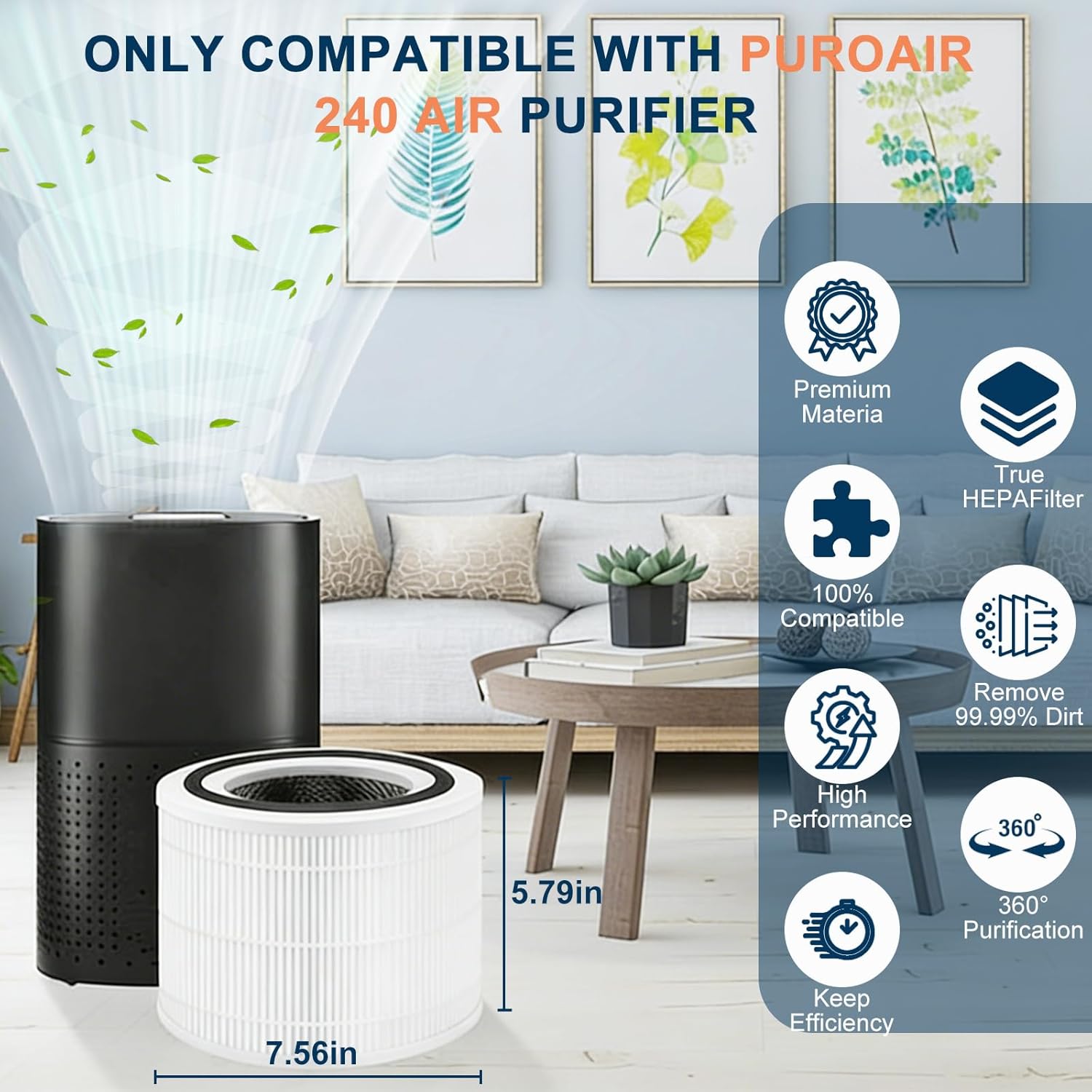 2 Pack 240 True HEPA Replacement Filter Compatible with Puroair 240 Air Purifier, 3-in-1 High-Efficiency HP-14 True HEPA with Activated Carbon Filter, White