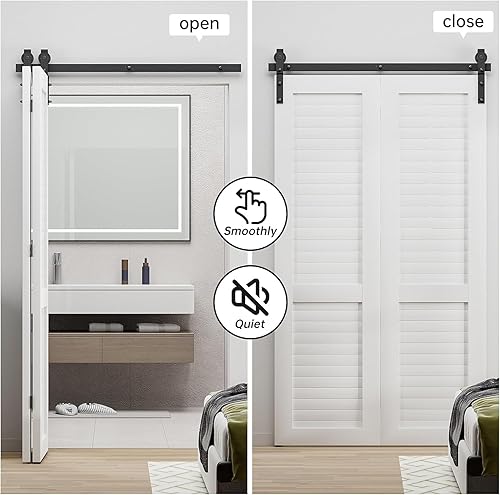 Miniatura 4 de BONIKLUBA Kit de herrajes para puerta corrediza de granero de 52 pulgadas para 4 puertas suave y silenciosa rodillo en forma de J negro puertas no