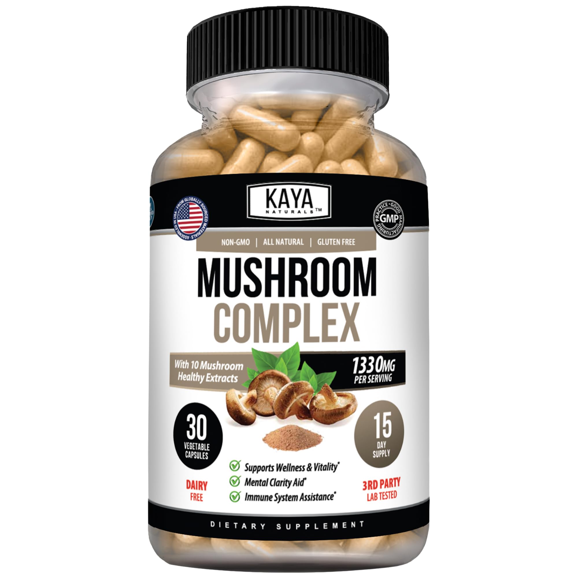 Kaya Naturals Mushroom Complex, 10 Mushroom Blend, Lion's Mane, 30 Capsules 30 Count (Pack of 1)