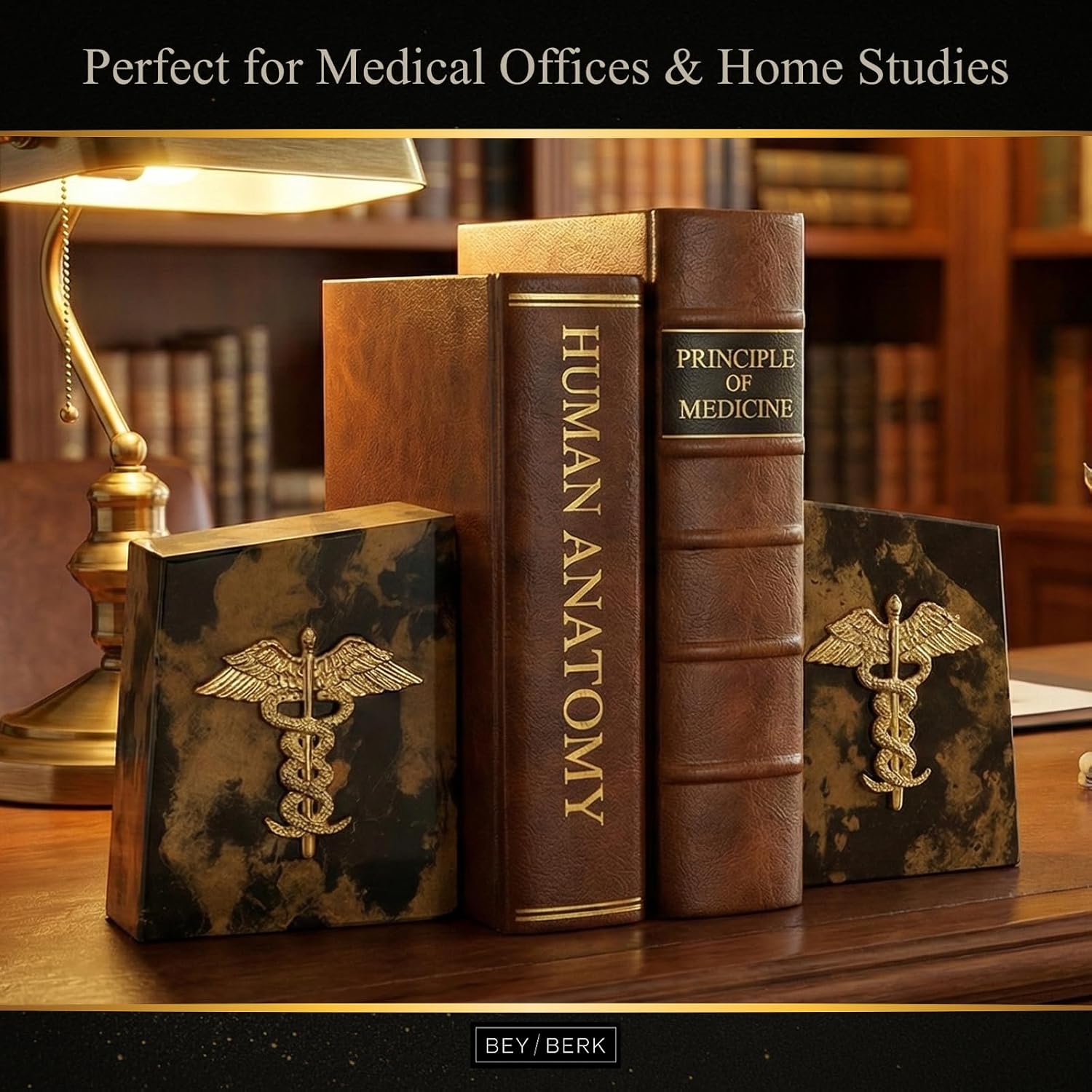 Bey-Berk “Apollo” Tiger Eye Marble Caduceus Bookends (Set of 2), 4.5" x 2" x 6" Wedge Book Ends, 8 lb Brown/Gold Medical Desk Decor