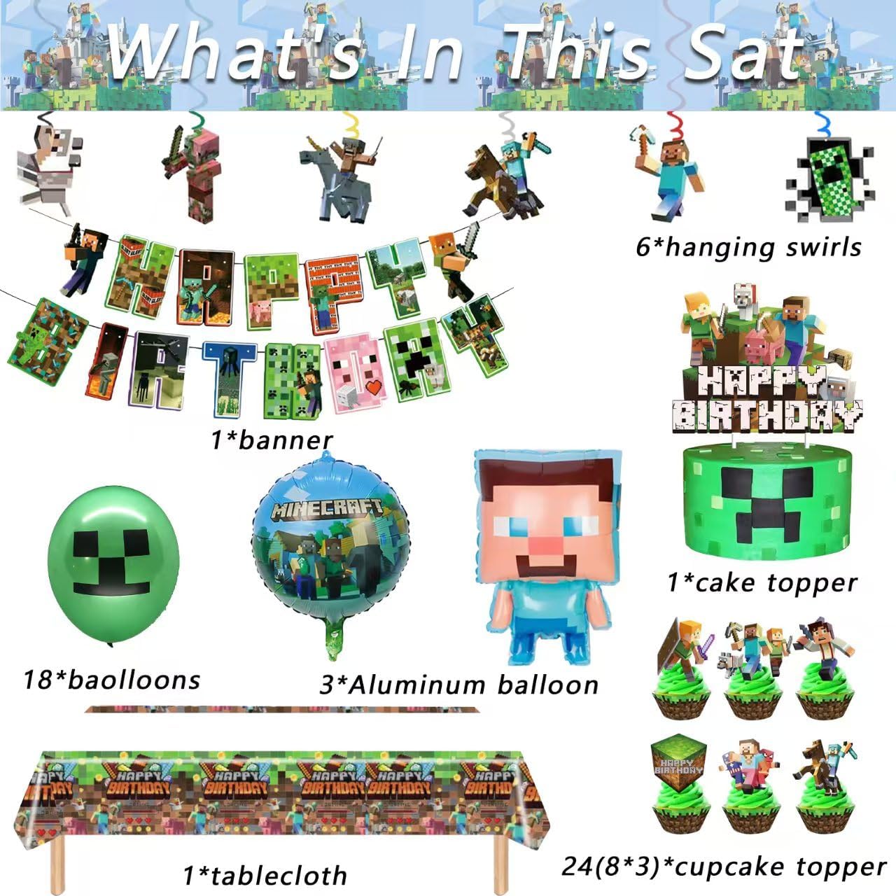 54Pcs Minecra_ft Pixel Birthday Decorations, Pixel Balloons Party Supplies Include Birthday Banner Cake tablecloth Toppers Latex Balloons Ribbons. — view 2