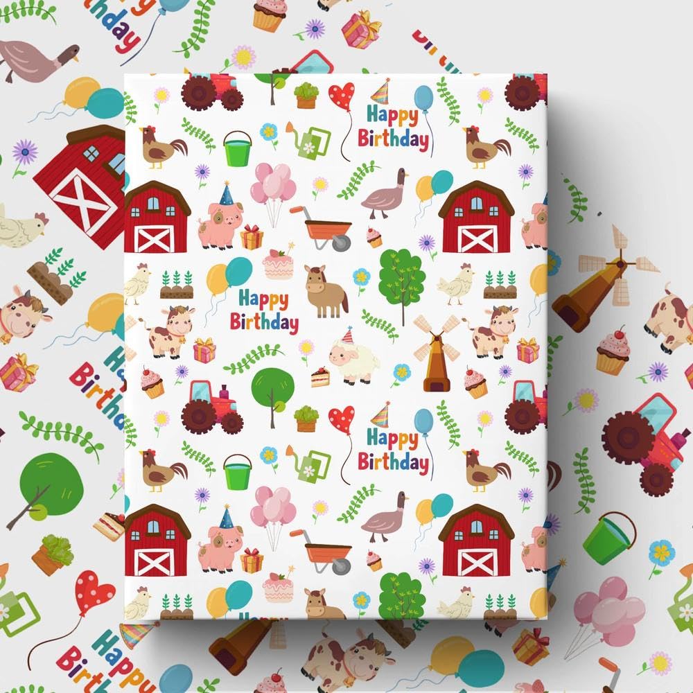 GleeWrap 4 Sheets Farm Animal Birthday Wrapping Paper for Kids,Happy Birthday Farm Theme Gift Wrap,Cute Cow Sheep Duck Pig Tree Pattern Art Paper for Baby,Boys,Girls,50x70cm