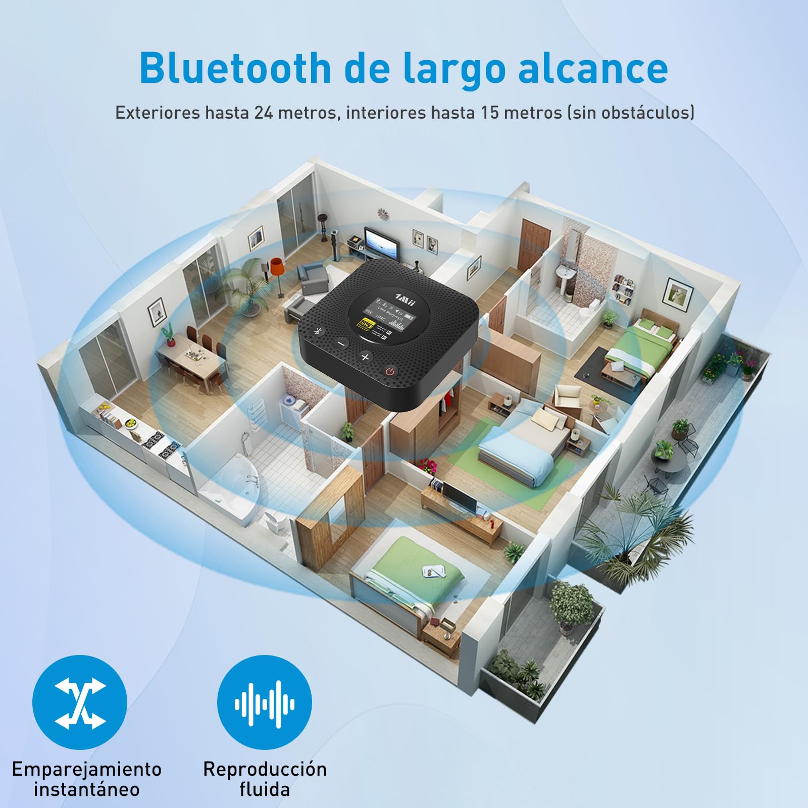 1Mii B06HD+ Receptor de Música Bluetooth 5.3 de Alta Resolución para Estéreo Doméstico con LDAC, HiFi Bluetooth Adaptador de Audio con Audiófilo DAC, Control de Volumen, aptX HD, Pantalla OLED