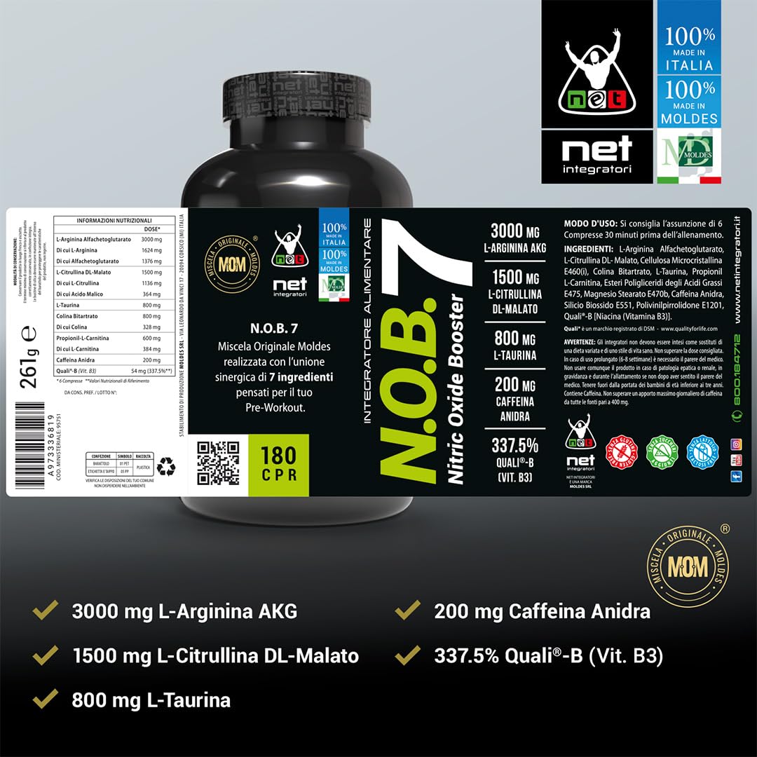 Net Integratori NOB 7 – 180 compresse – Integratore Energetico Pre Workout e Booster di Ossido Nitrico con Arginina Citrullina Caffeina Vitamina B3