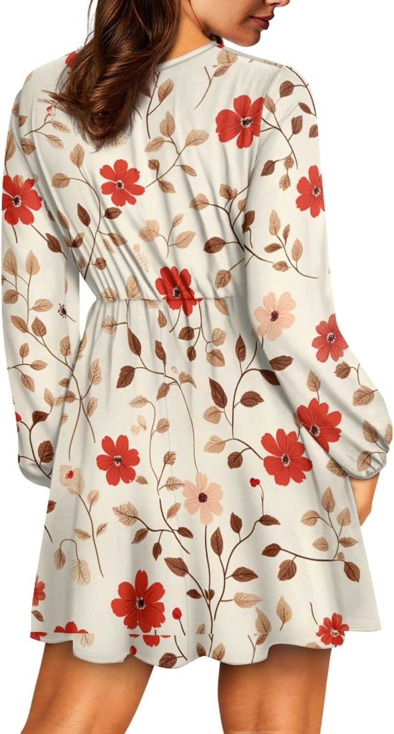 Lantern Sleeve Dress for Women Floral 2025 Fashion Empire Waist Swing Flowy Ruffle V Neck A Line Holiday Mini Dress - Image 4