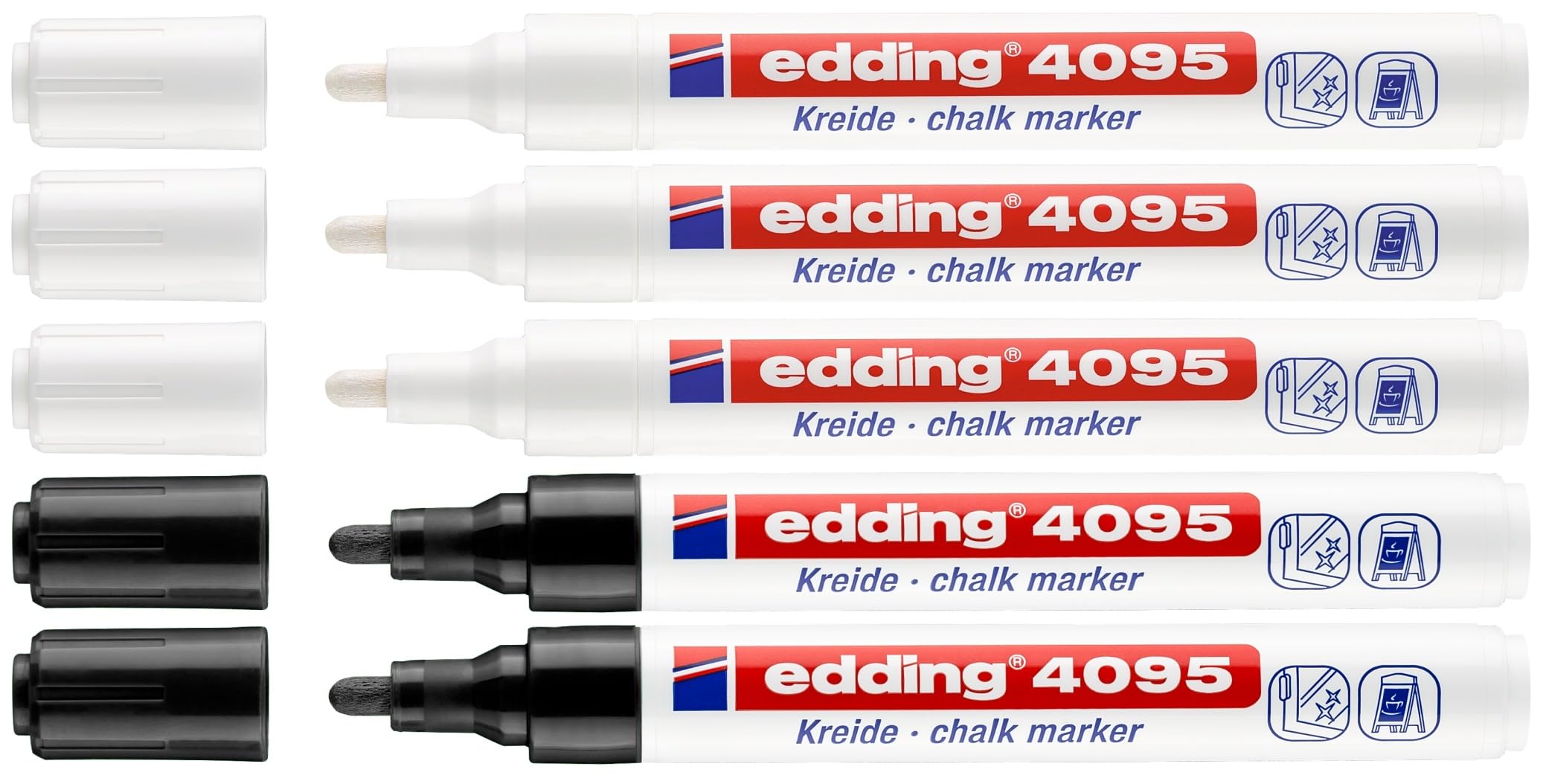 edding 4095 Kreidemarker Sets - Rundspitze 2-3 mm - Kreidestift für Tafel abwischbar - zum Beschriften von Fenster, Glas, Spiegel - Tafelstift mit deckenden Farben (5er-Set Black & White)
