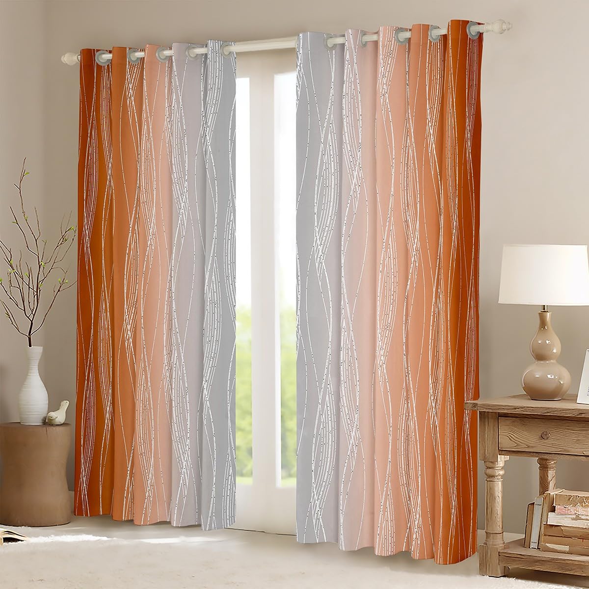 Homewish Gradient Orange and Greyish White Window Curtains, 46" W x 72" L, Abstract Burnt Orange Ombre Curtains - Image 3