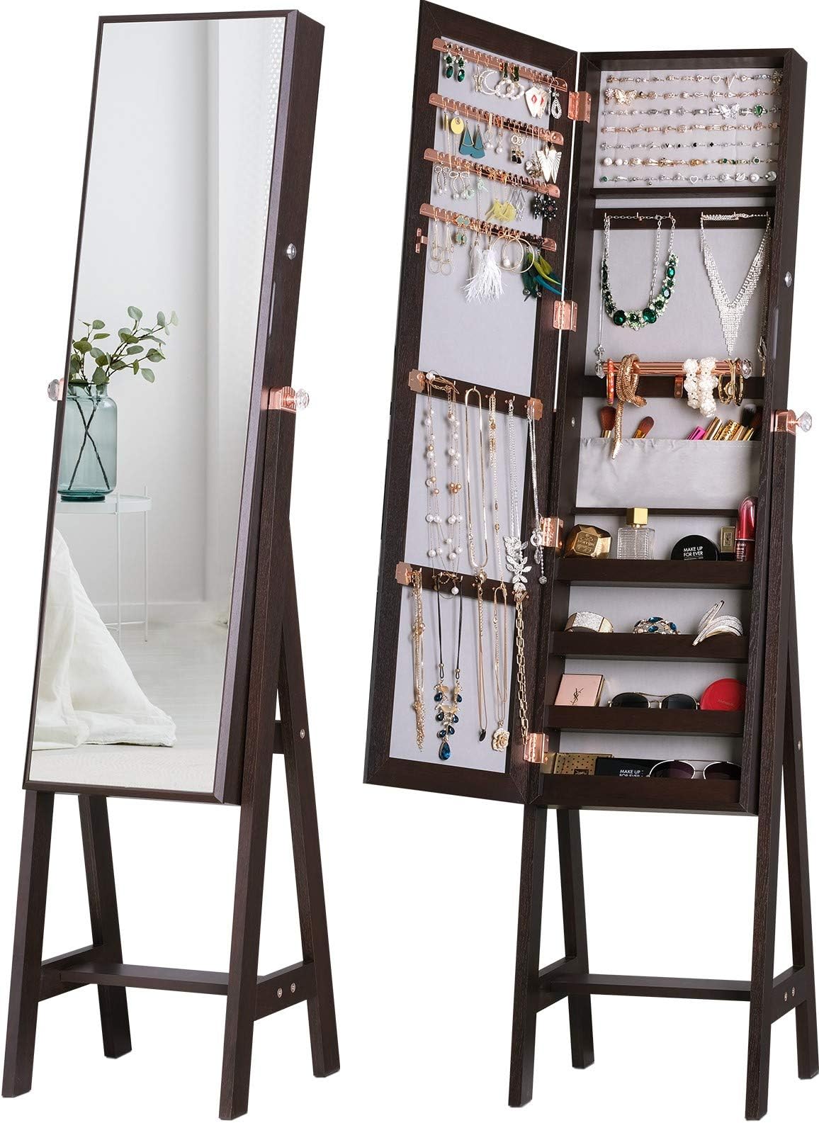 LUXFURNILUXFURNI Jewelry Armoire Standing Full-Length Mirror Makeup Lockable Cabinet, Large Cosmetic Storage Organizer Wall/Door-Hanging (Brown)