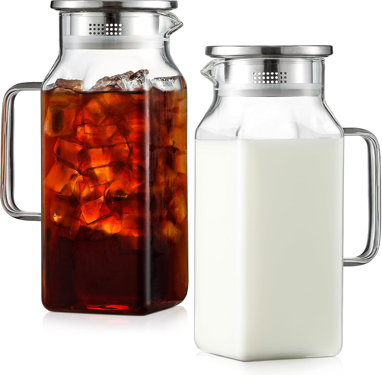 Netany 2 Pack 1.2 Liters/40 oz Small Square Glass Pitcher with Lid and Handle for Fridge, Iced Tea and Coffee Carafe Storage Container, Resistant to Hot and Cold Borosilicate Jug 40oz/1200ml