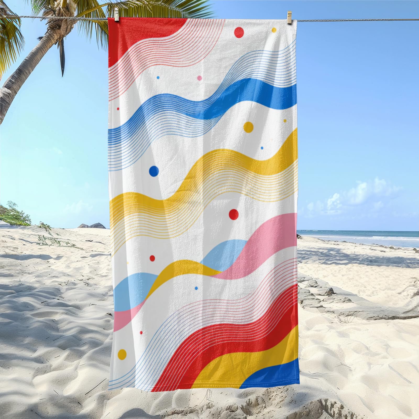 Fouta PlageLignes Bleues Rouges Jaunes Modèle Surdimensionné avec Diverses Tailles, Respirante et Portable, Parfaite pour Voyages Sorties Piscine et Usage Extérieur Quotidien 90x160 cm
