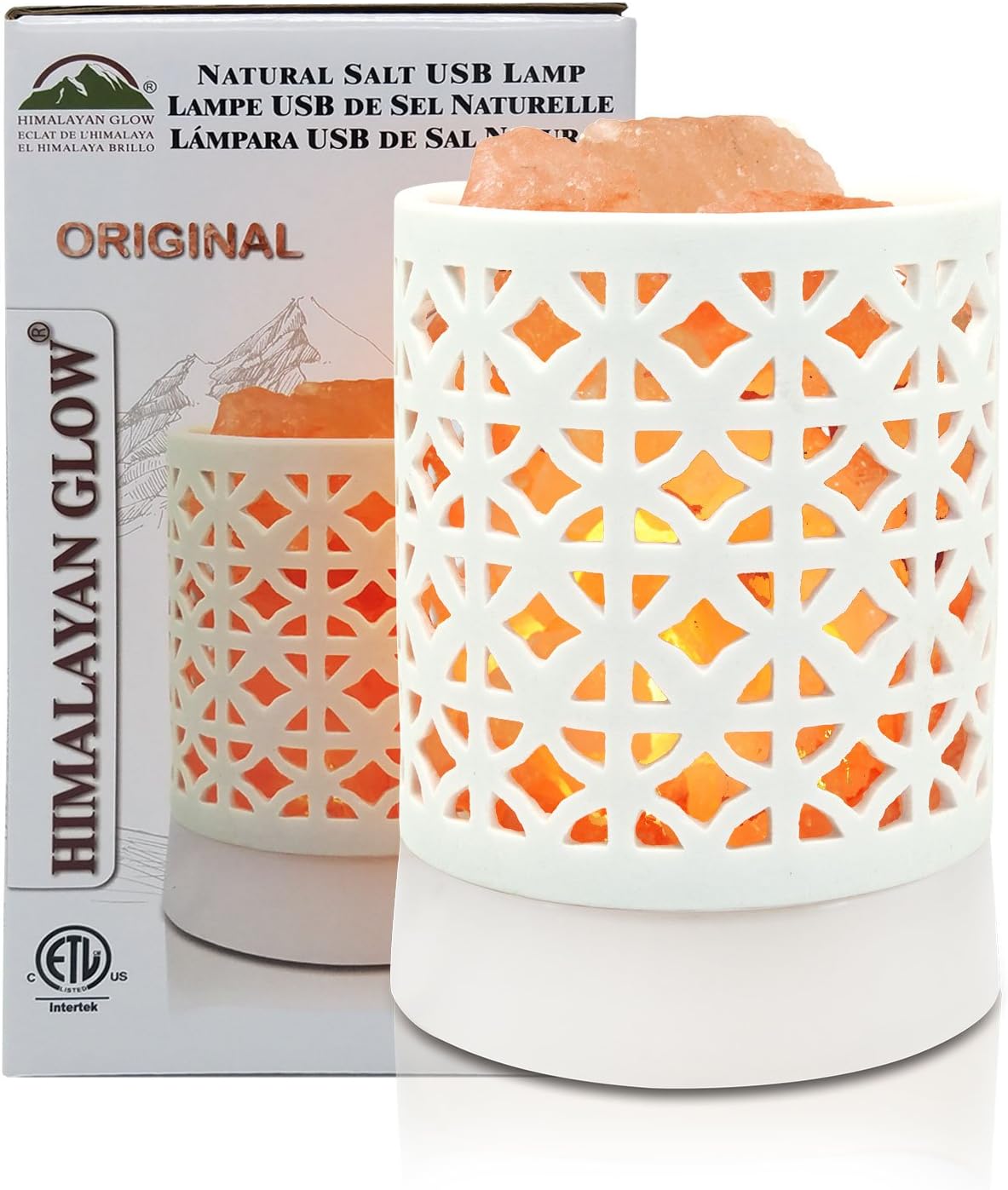 Himalayan Glow 921BA USB Salt lamp Plastic Base Ceramic Design, Night Light Chunks, White Metal