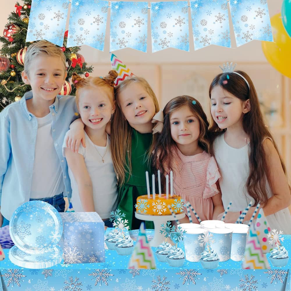 Set di 95 Stoviglie per Feste con Fiocchi di neve, Tra cui Bandiera, Piatti, Tovaglioli, Bicchieri di Carta e inserti per Fiocchi di neve, per 20 Persone