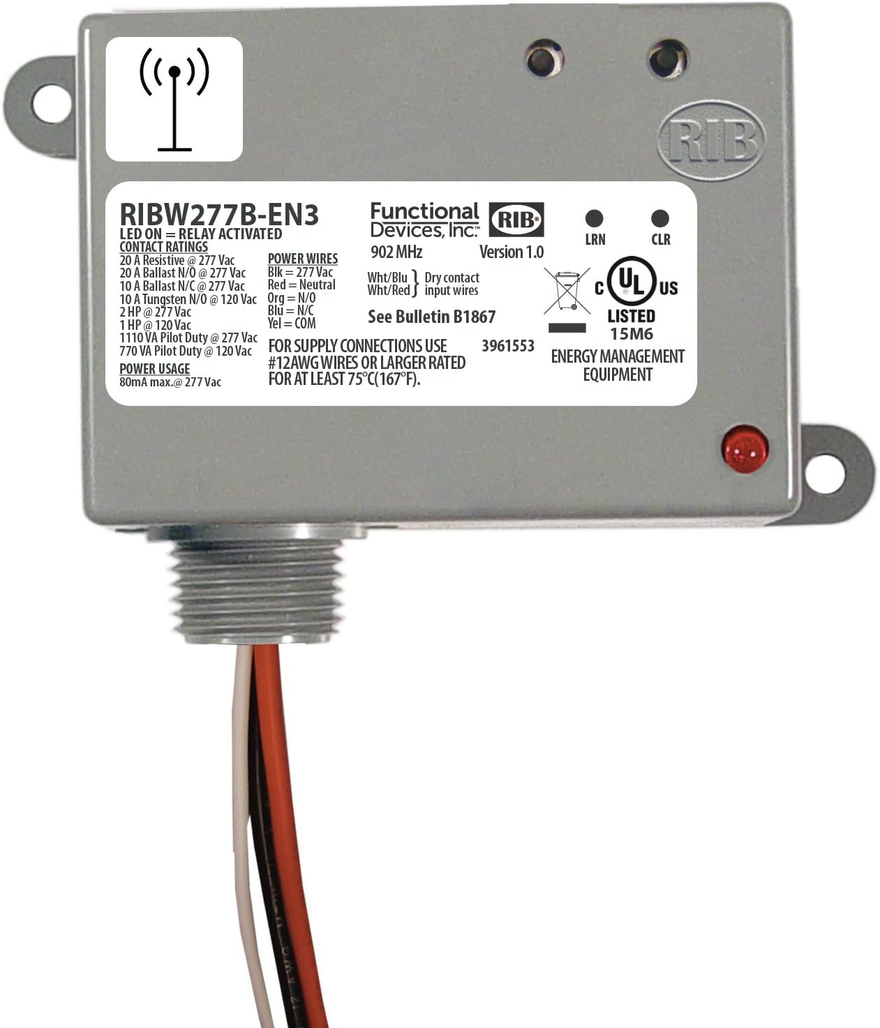RIBW277B-EN3 | FDI | EnOcean 902 Mhz Enclosed Relay 20Amp 277Vac 2-Way Wireless Dry-Cont. Input