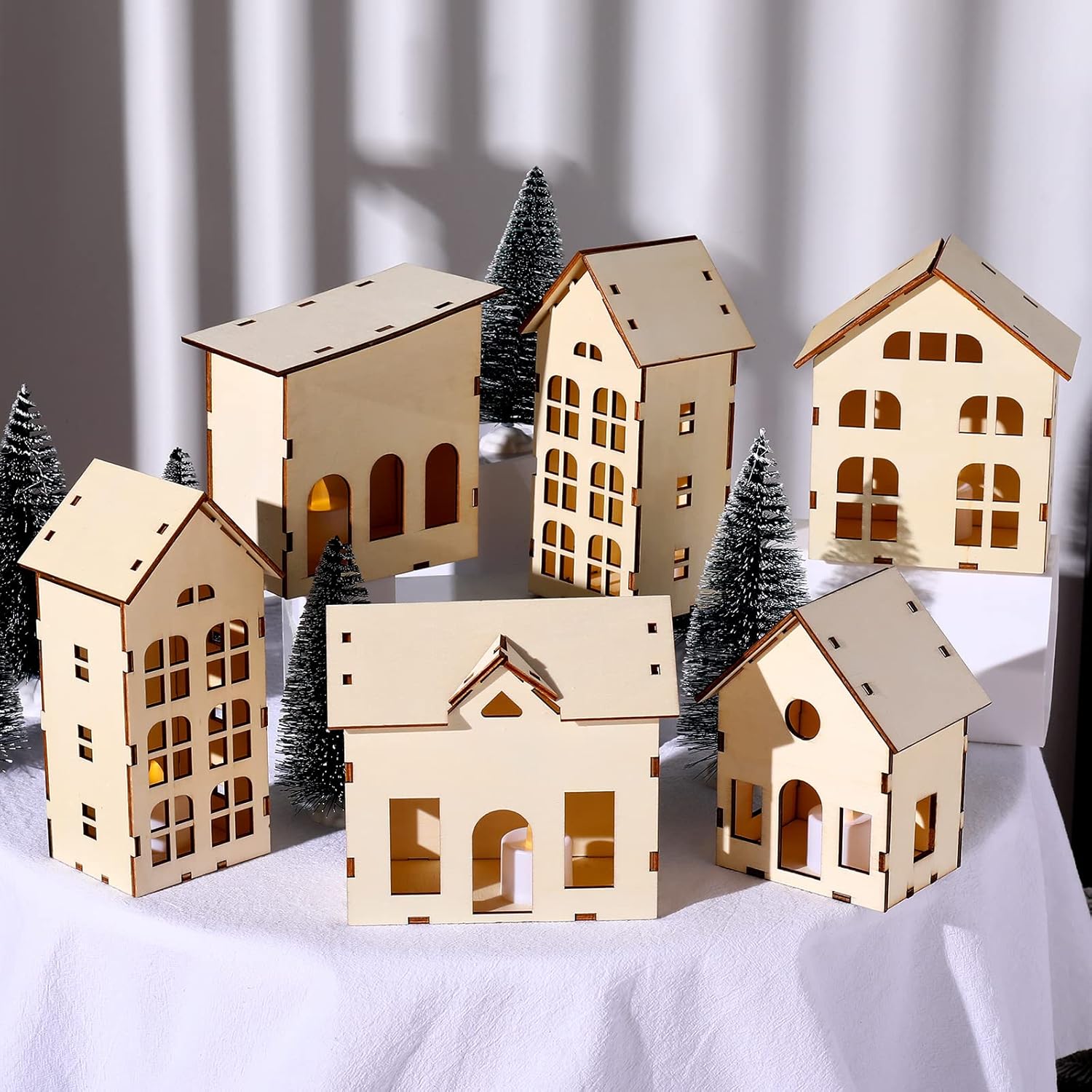 12 Pcs Christmas Village Sets Unassembled Christmas Houses Village Sets with 6 Pcs Christmas Wooden House and 6 Pcs LED Candle Lights Tiny House Ornaments Xmas Light up Village Scene Decorations