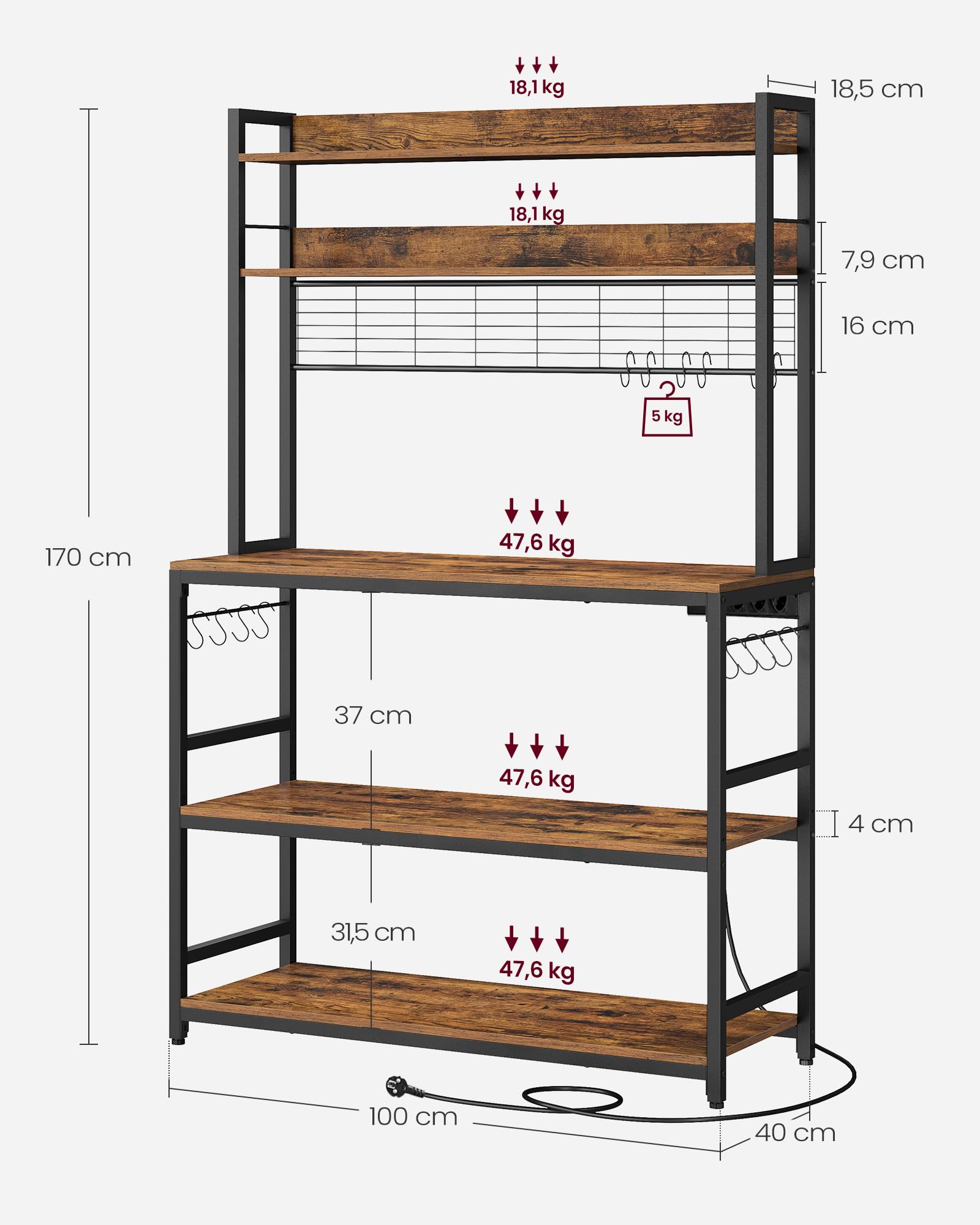 Vasagle KKS037B01EU Keukenrek, staand rek met stopcontacten, magnetronrek, met roosterplaat, 14 haken, 40 x 60 x 170 cm, vintagebruin-zwart