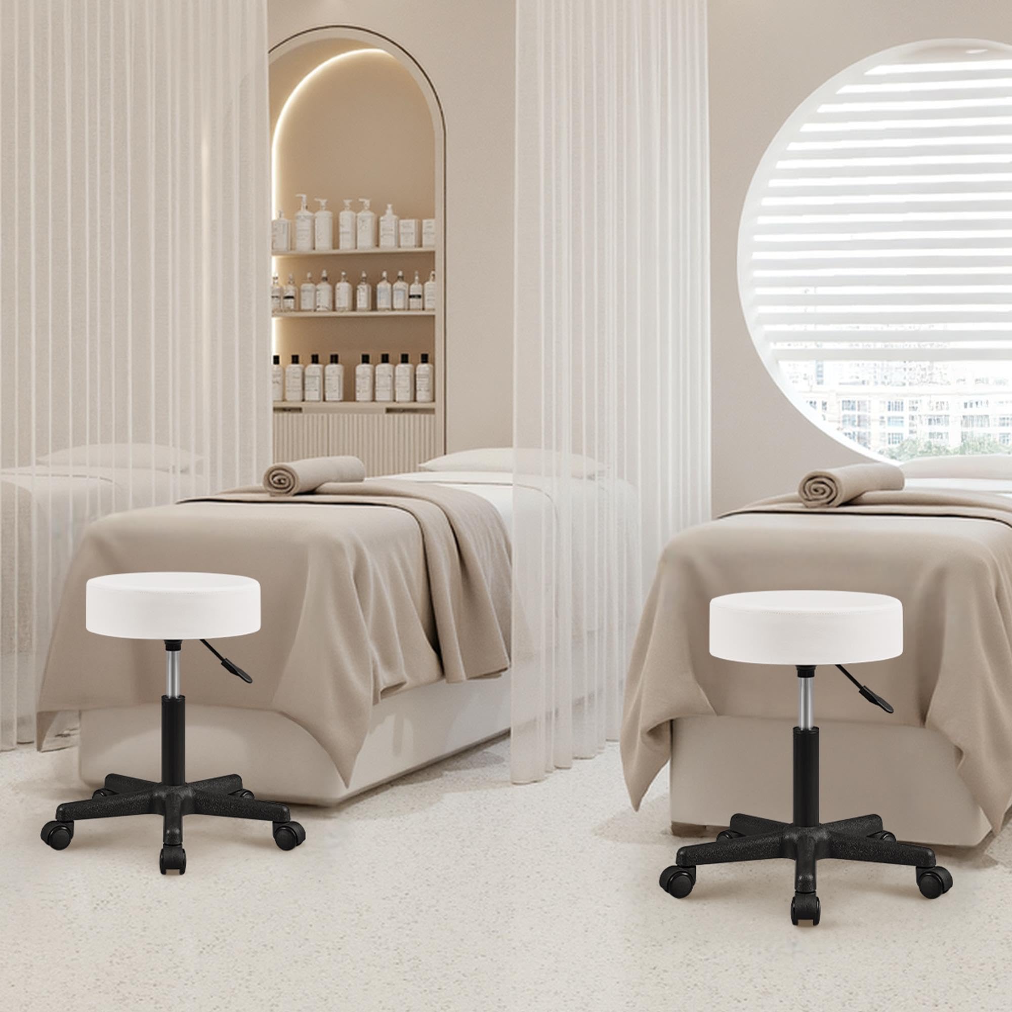 Yaheetech Taburete de Bar, con Ruedas, Silla Alta, Regulable en Altura, Giratorio, Cubierta PU, Trabajo para Salón de Belleza, Peluquería, Oficina, Consultas Blanco