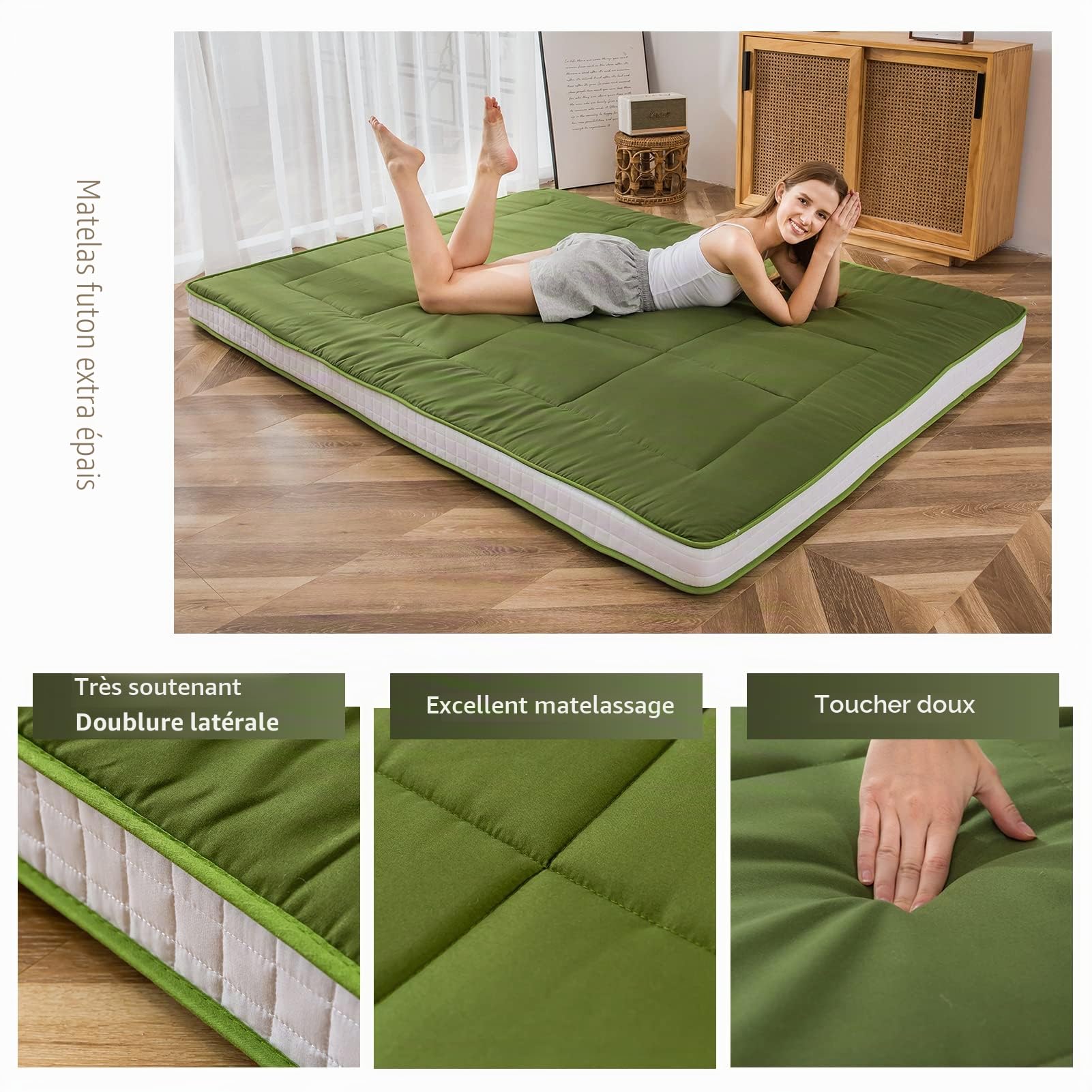 Maxyoyo Matelas futon japonais rembourré - Matelas de sol matelassé - Tapis de couchage pliable extra épais - Respirant - Lit d'invité, canapé, camping - Vert - King size