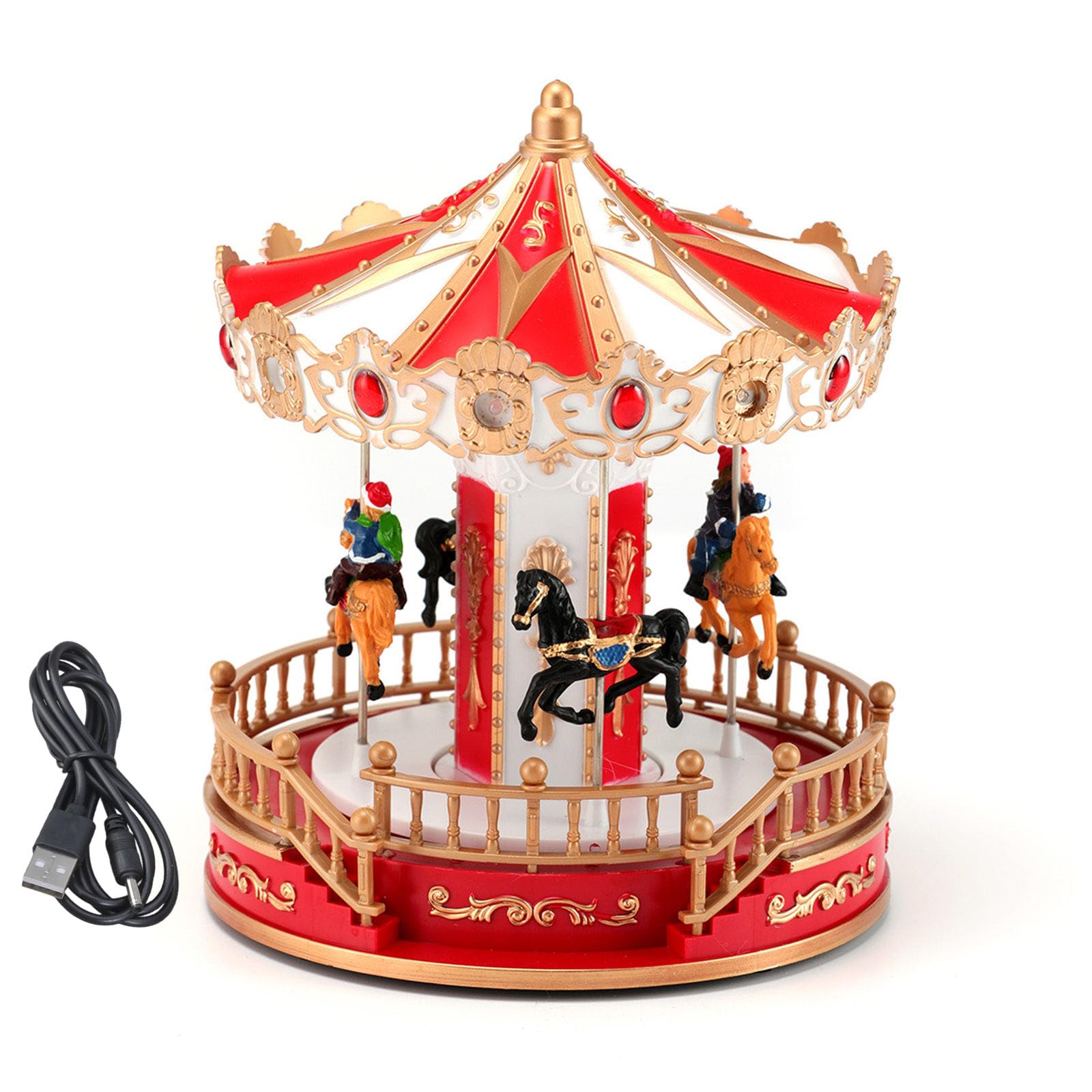 Decoración musical giratoria navideña Carruseles navideños iluminados por LED Adorno con opción de alimentación por batería USB Regalo para niños Carruseles navideños Caja de música con luz LED