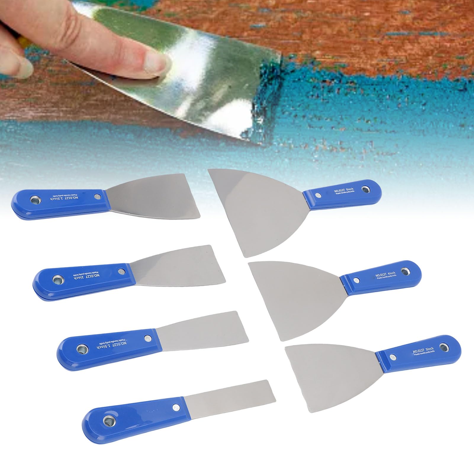 SIXRUN Set di 7 Raschietti per Stucco, Spatola per Cartongesso in Acciaio Al Carbonio con Dimensioni da 1 a 5 Pollici e Custodia, Lame Lucidate a Specchio, Manici in PP, per Riparazione di Intonaco,