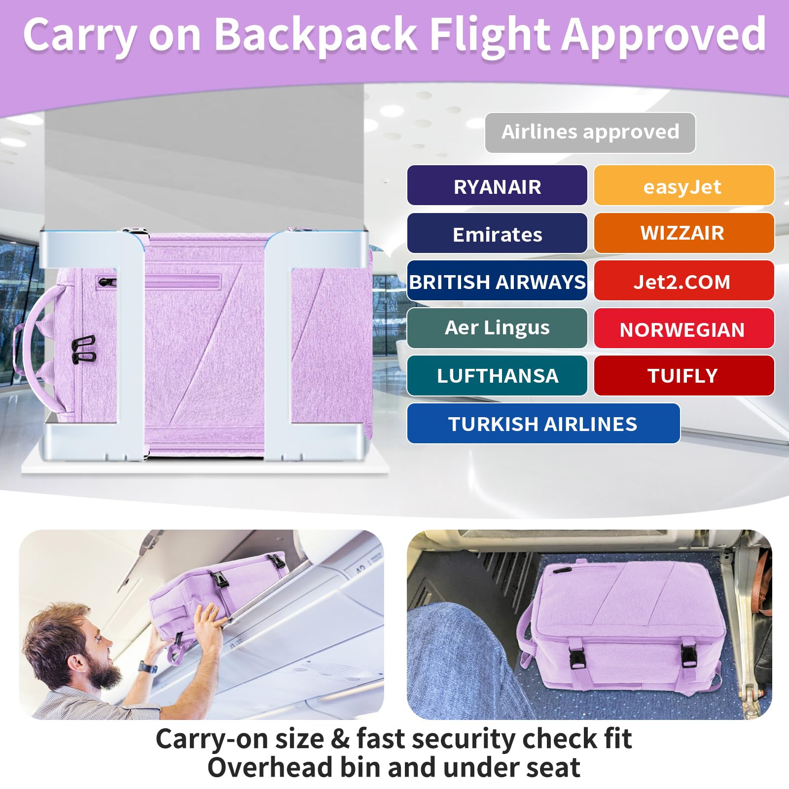 VOESLD Zaino per Ryanair 40x20x25, da Viaggio Aereo Bagaglio a Mano Viola per PC Donna Impermeabile, con Porta USB 20L
