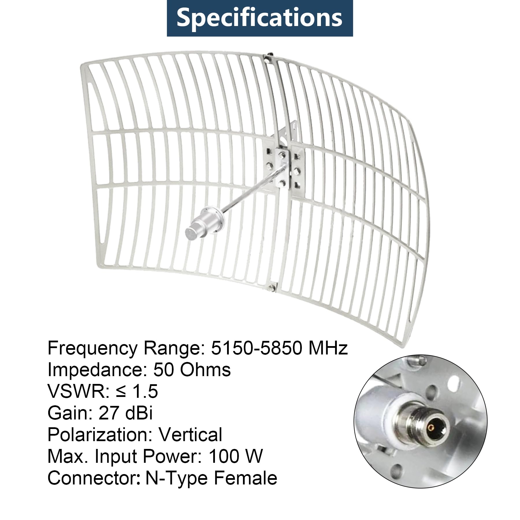 Antenne parabolique extérieure WiFi 5,8 GHz 5 GHz Gain 27 dBi (5150-5850 MHz) Antenne directionnelle longue portée avec femelle de type N pour routeur Wi Fi sans fil Point d'accès caméra