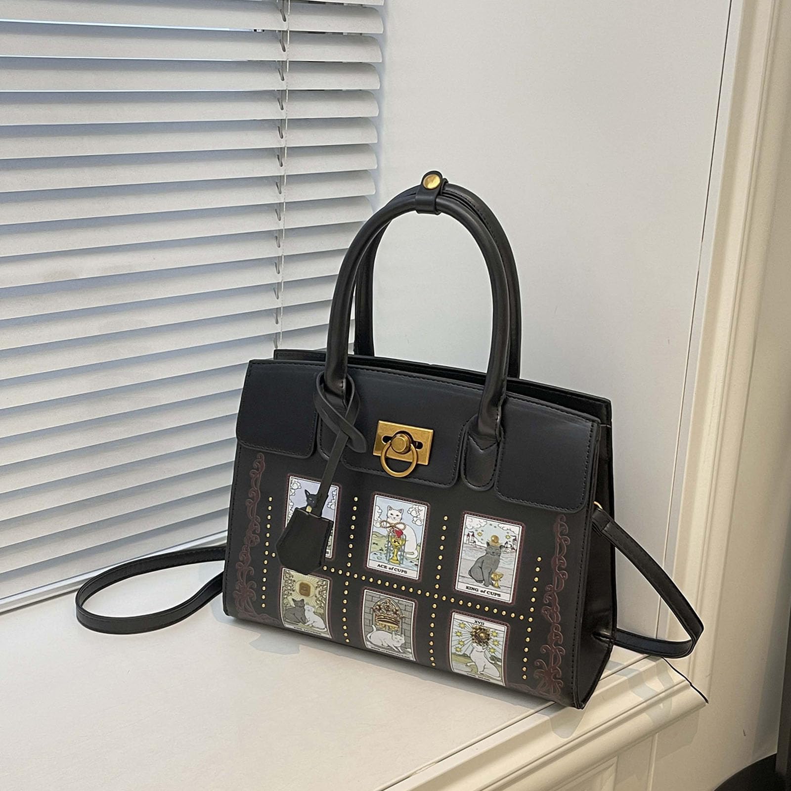 Borsa con ricamo creatura con tracolla regolabile e tasche multiple per borsa da donna dal design alla con gatti