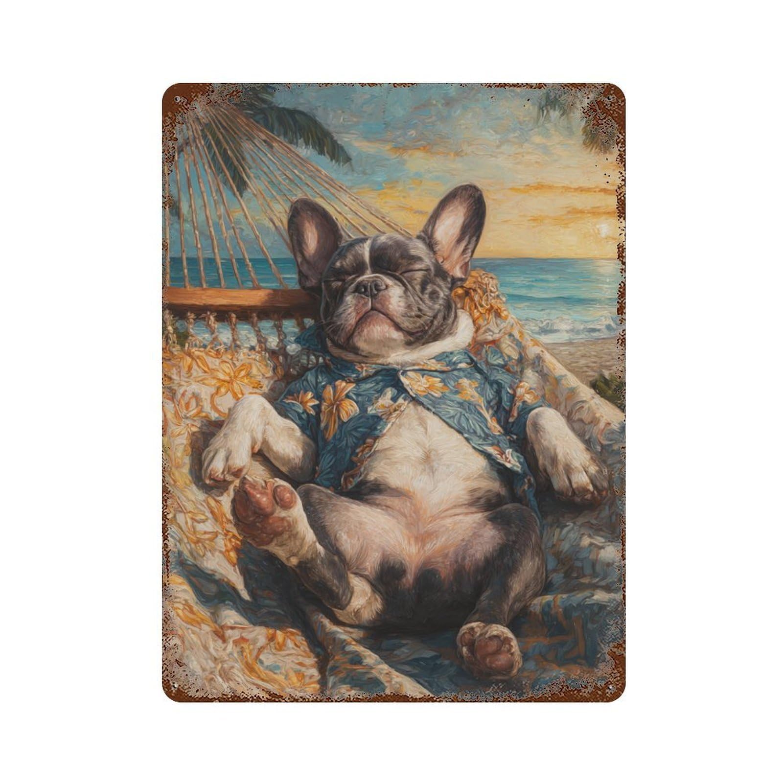 Relaxing Beach Bulldog Decorative Tin Sign 15.7"x11.8", Industrial Home Decor for Garage, Pub Or Kitchen