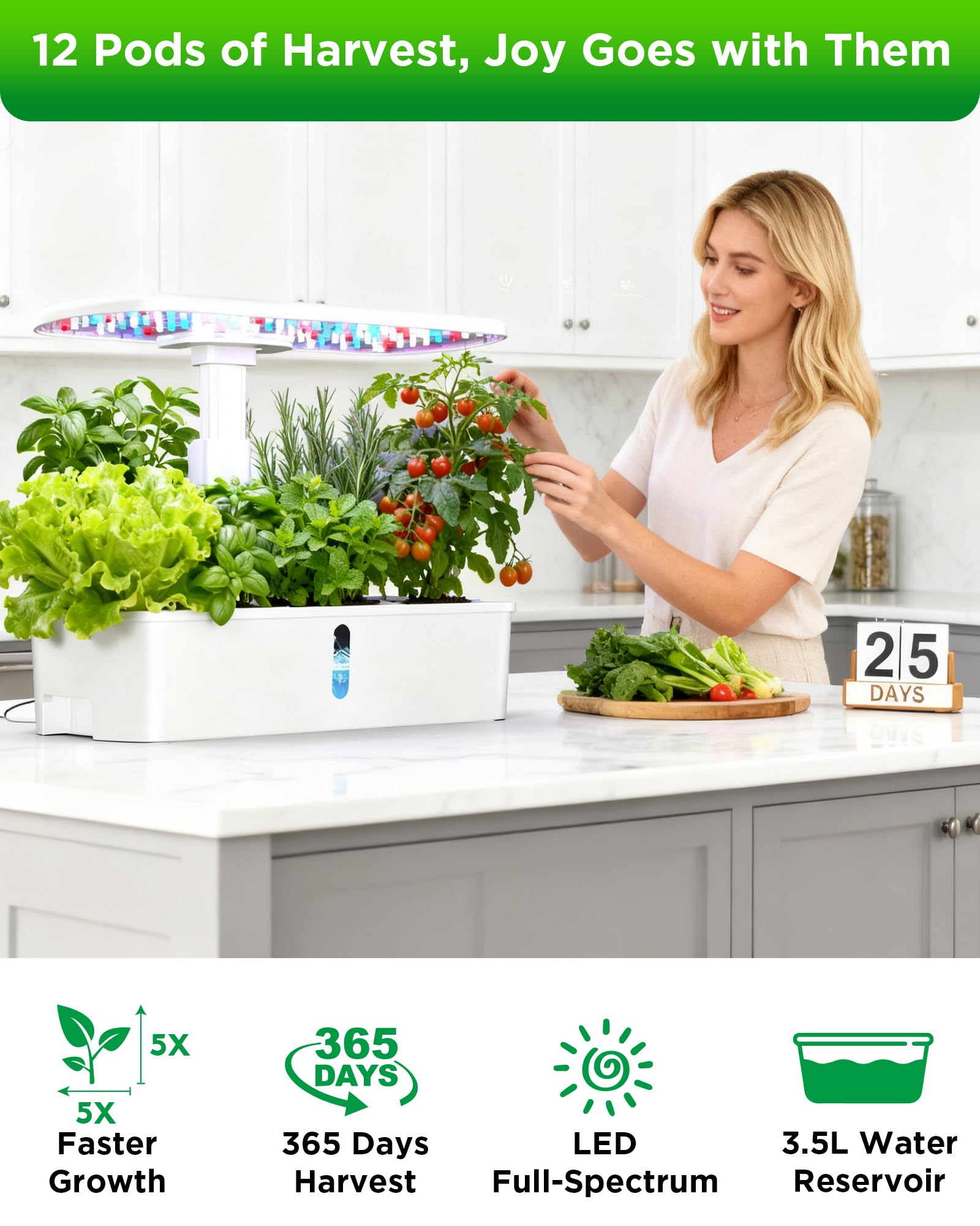 Kit per la coltivazione idroponica con 12 cialde, kit da giardino idroponico per interni con luce LED da 24 W, giardino interno intelligente, regolabile in altezza, timer automatico, pompa silenziosa