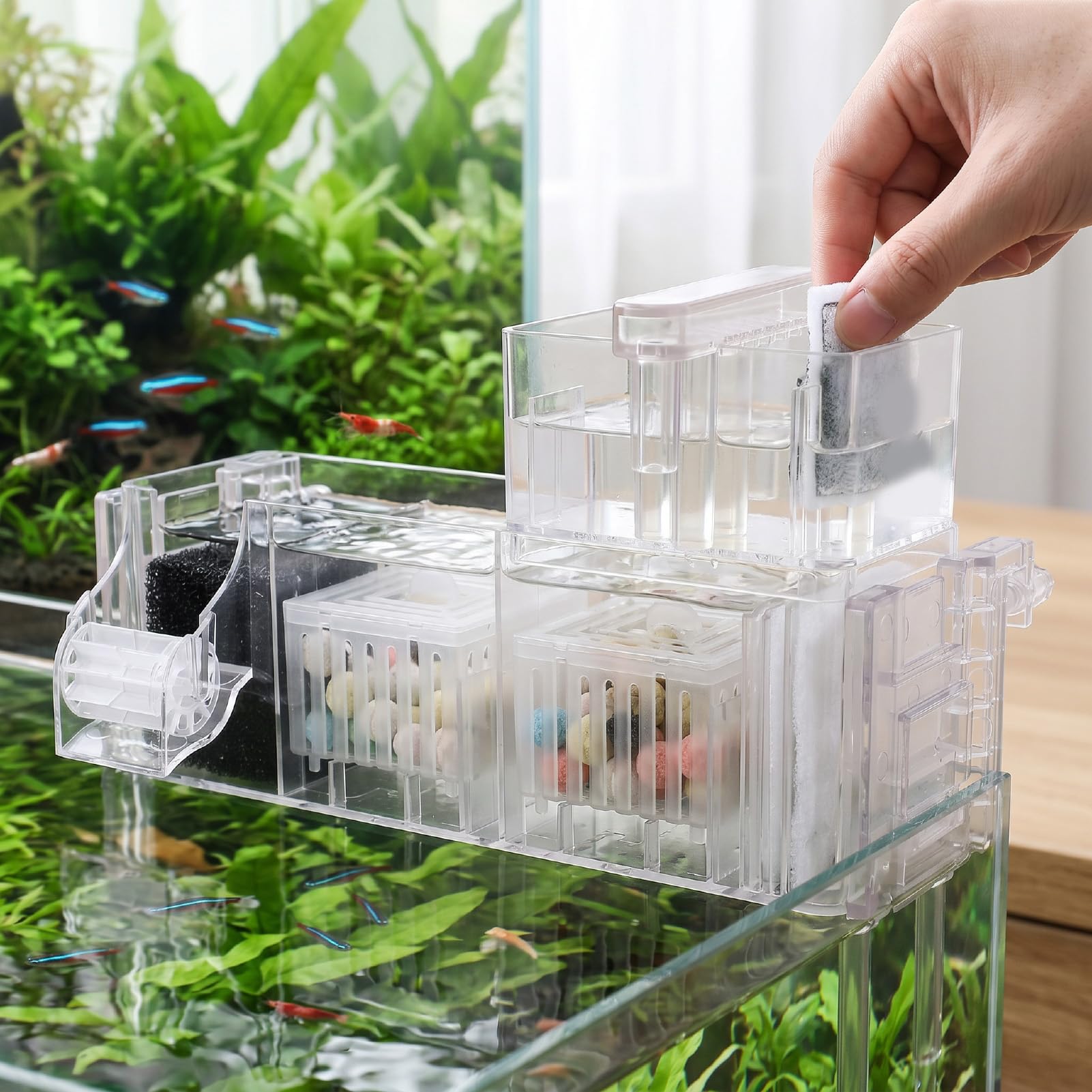 Srliya Filtre D'aquarium Suspendu Externe 3W, Puissant Filtre de Réservoir de Poissons à Circulation d'eau, Boîte de en Cascade (Prise UE 220V)