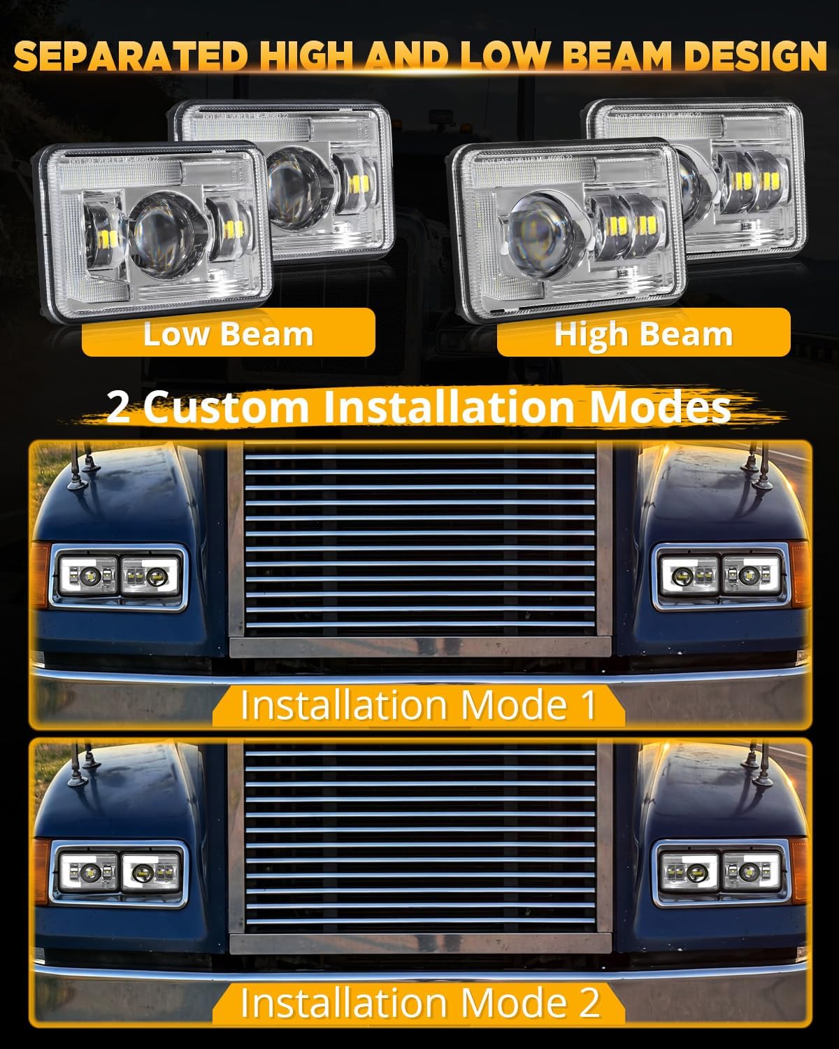 Auxbeam 4X6 Headlights 4PCS with DRL Hi/Lo Beam Dot Approved Replacement H4651 H4652 H4656 H4666 H6545 Headlight Compatible with Kenworth T400 T600 T800 Freightliner Peterbilt Ford Chevy, Chrome