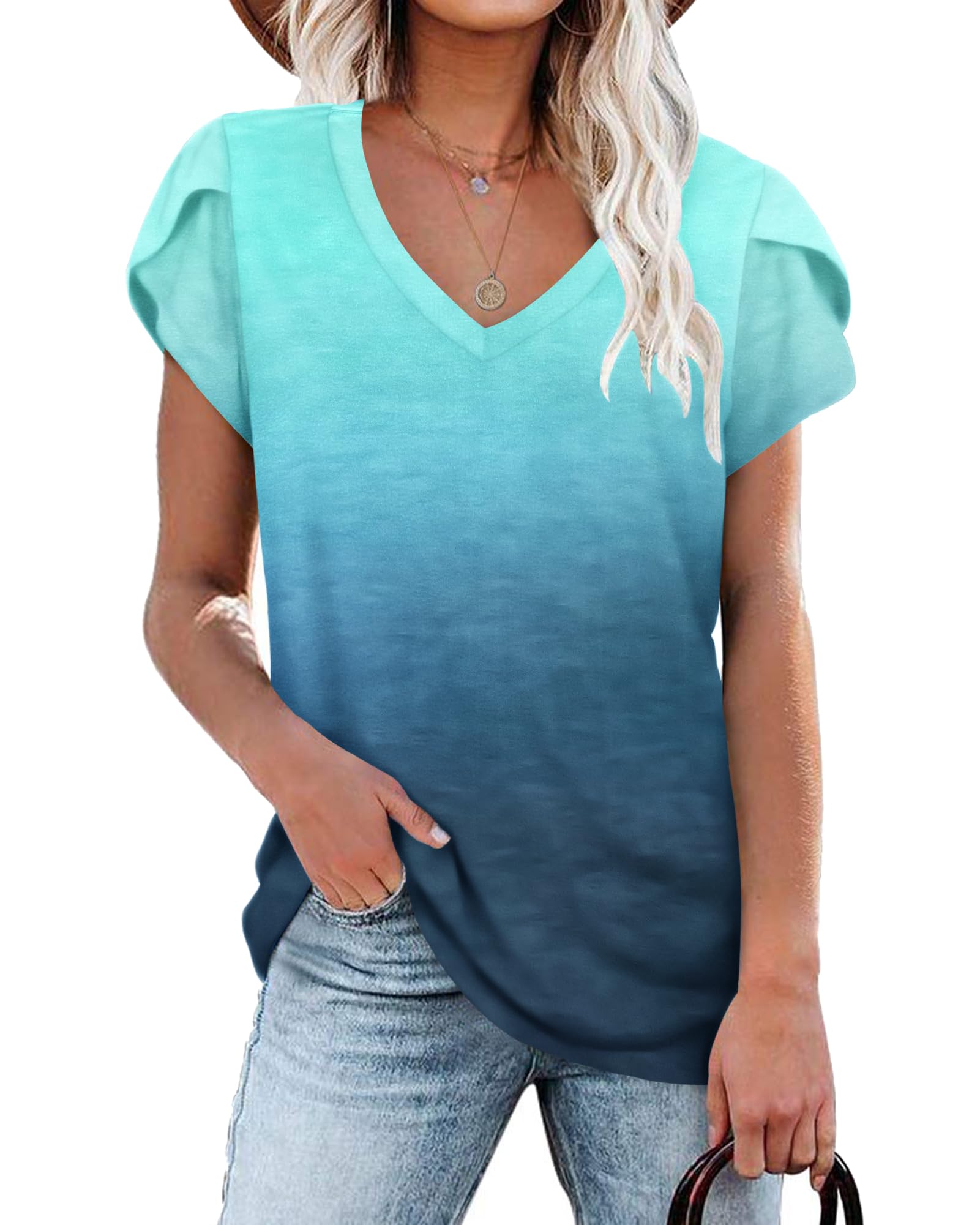 PLOKNRD Damen Tops V-Ausschnitt Blütenblatt Ärmel T-Shirt Sommer Freizeit Kurzen Ärmeln Strand Oberteile