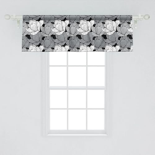 Ambesonne Paquete de 2 cenefas de ventana negras y grises, diseño floral de loto tradicional oriental con motivos naturales, cenefas de cortina con